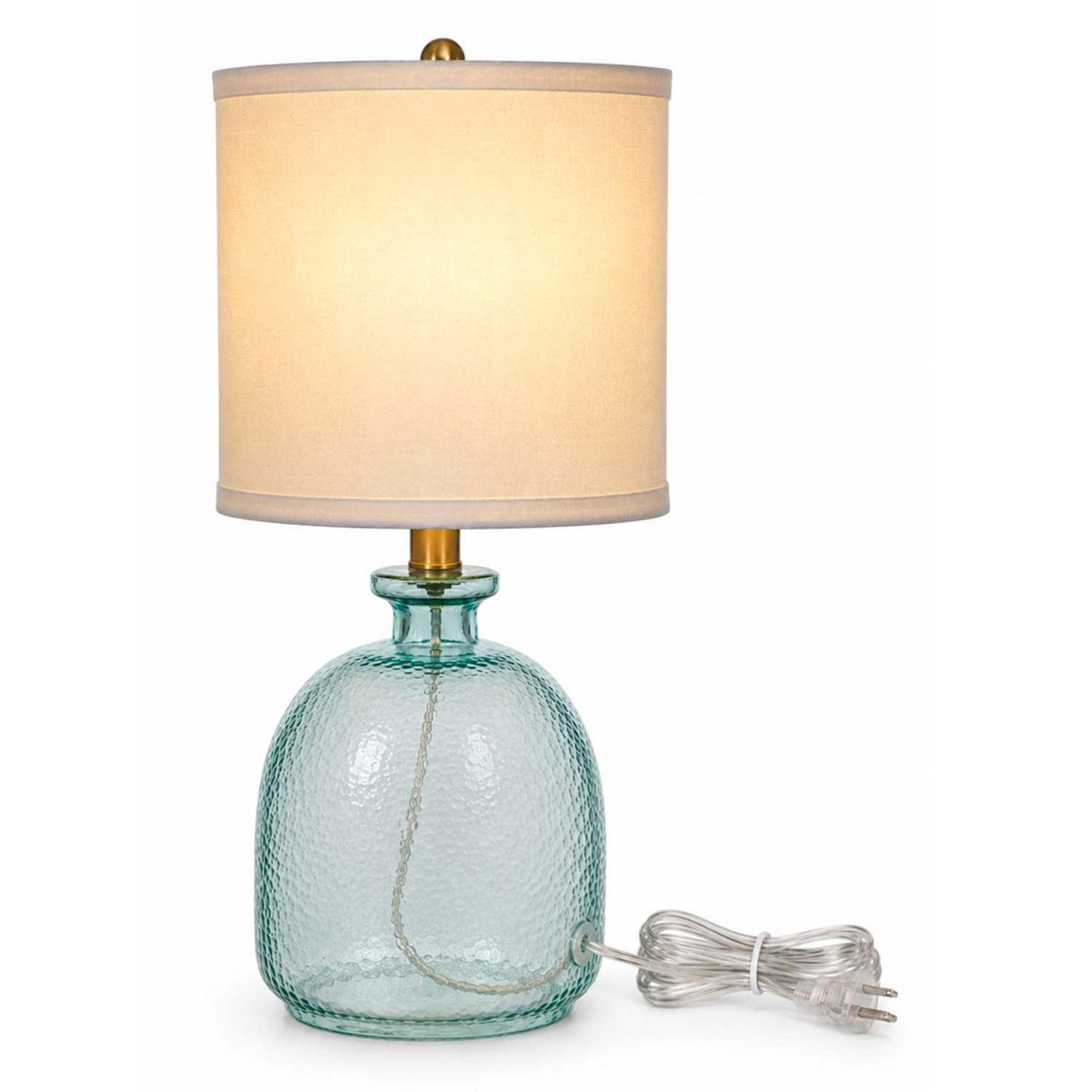 textured ocean blue glass table lamp with white linen drum shade