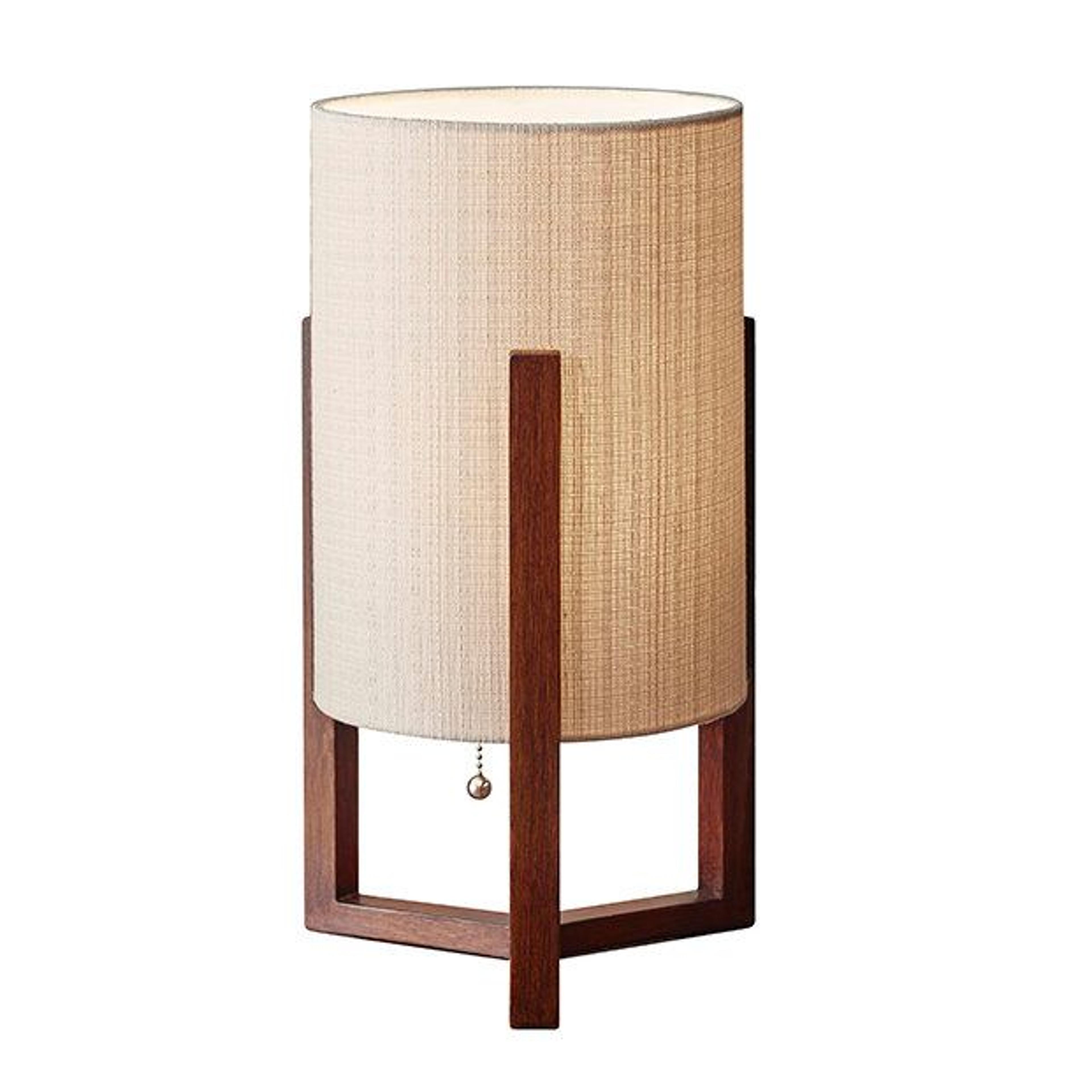 solid wood novelty table lamp with walnut grain finish and linen drum shade