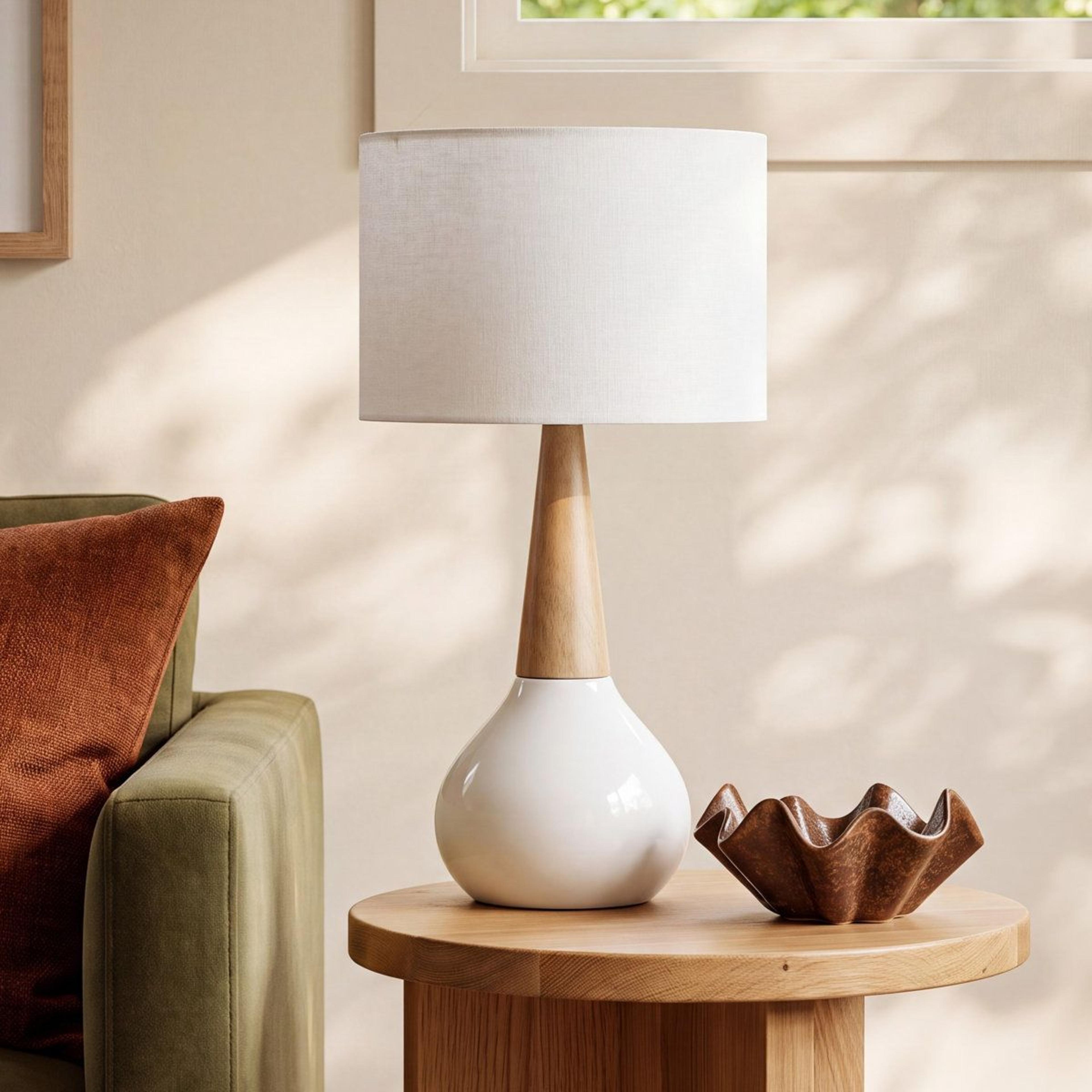 ceramic and solid wood standard table lamp with white linen shade 19 inch