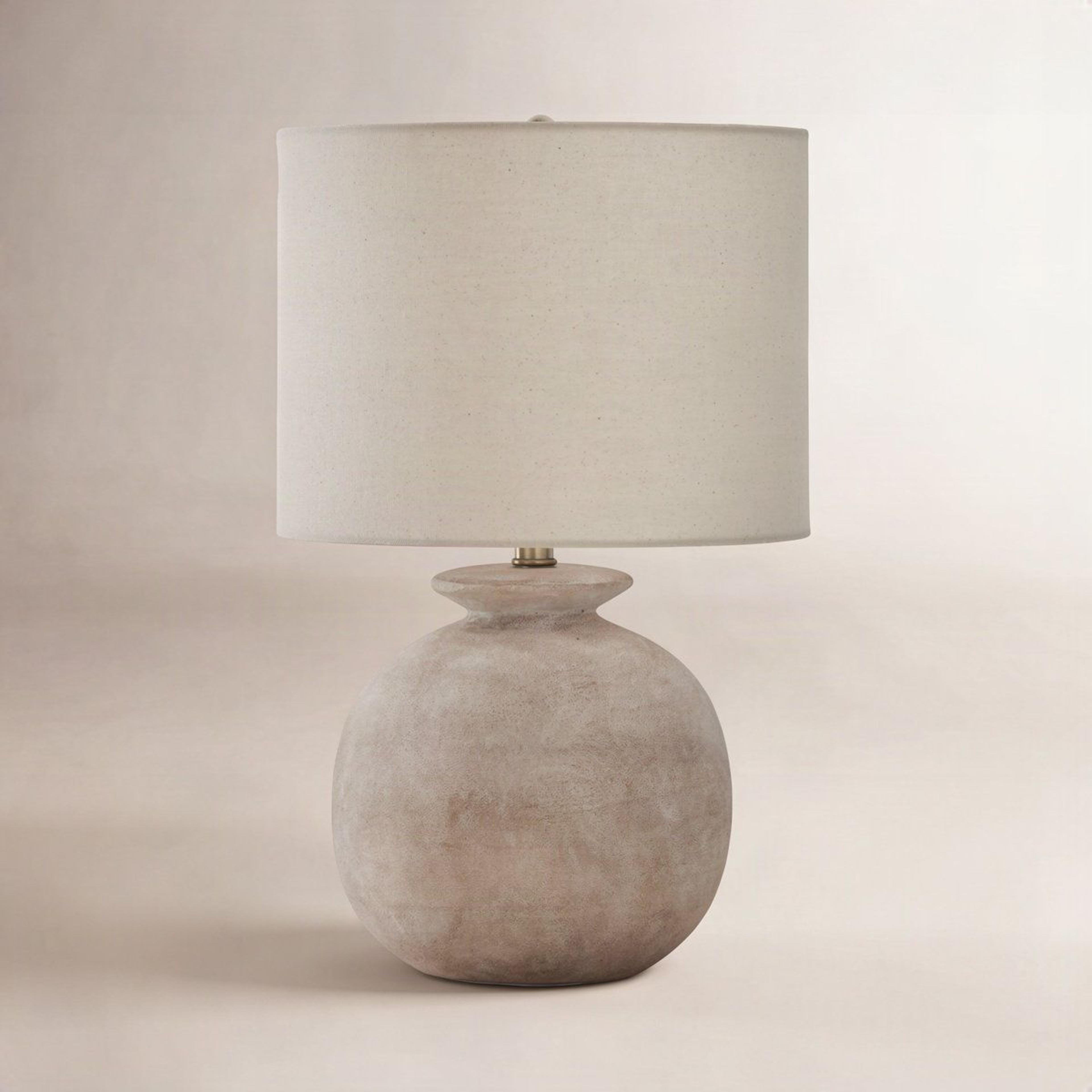 resin accent table lamp with beige linen drum shade and 3-way switch