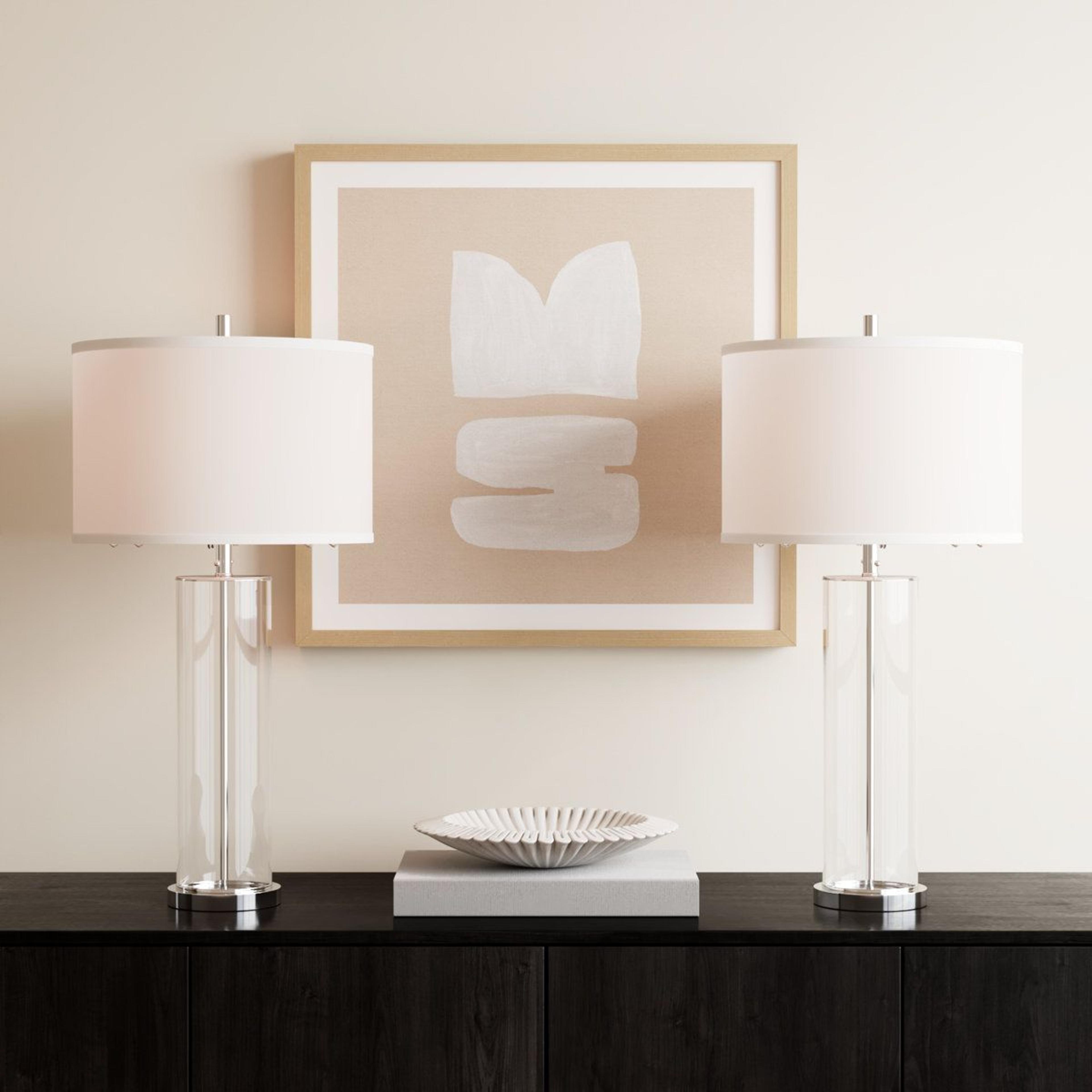 glass and metal table lamp set with white drum shades