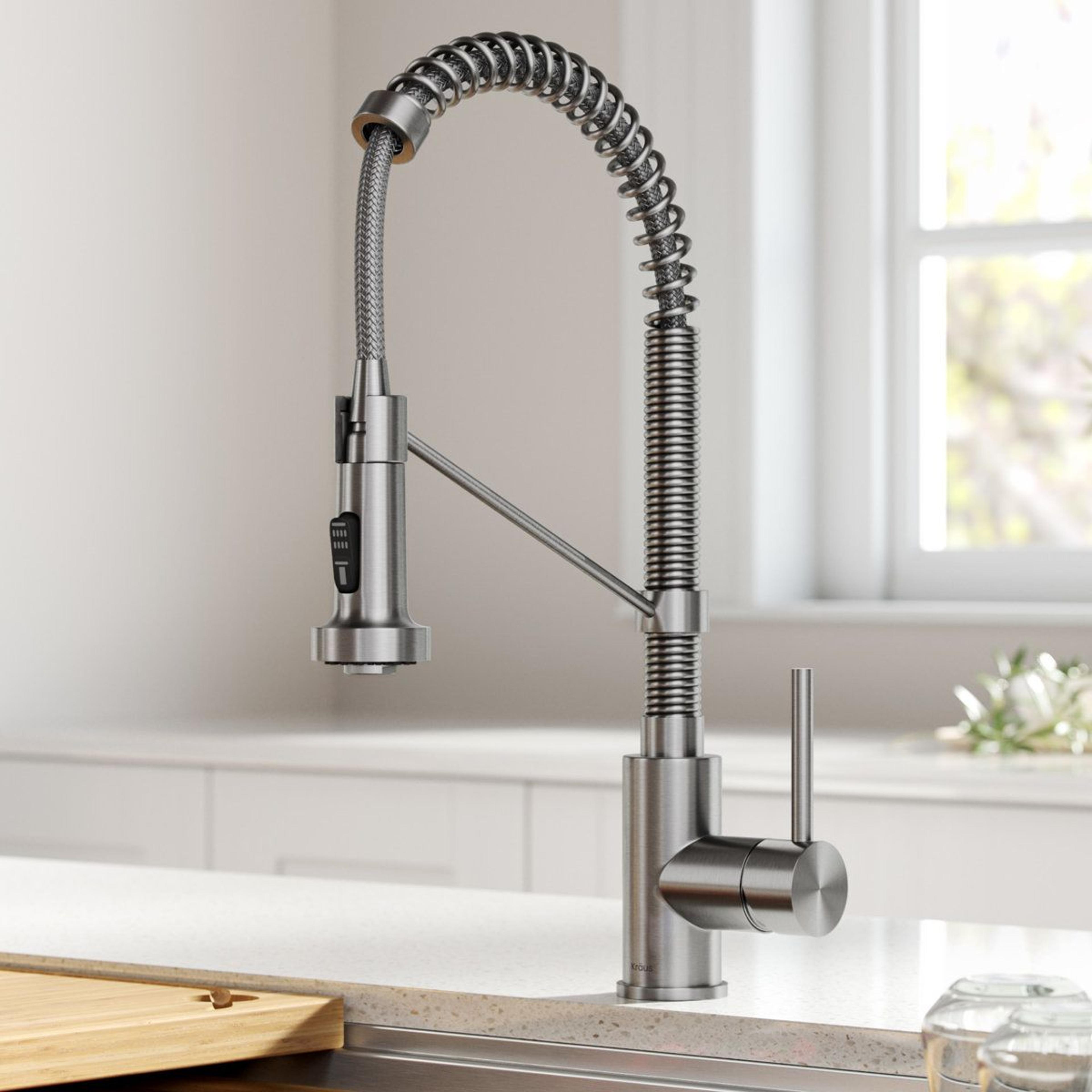 commercial style single handle pull down kitchen faucet with soap dispenser