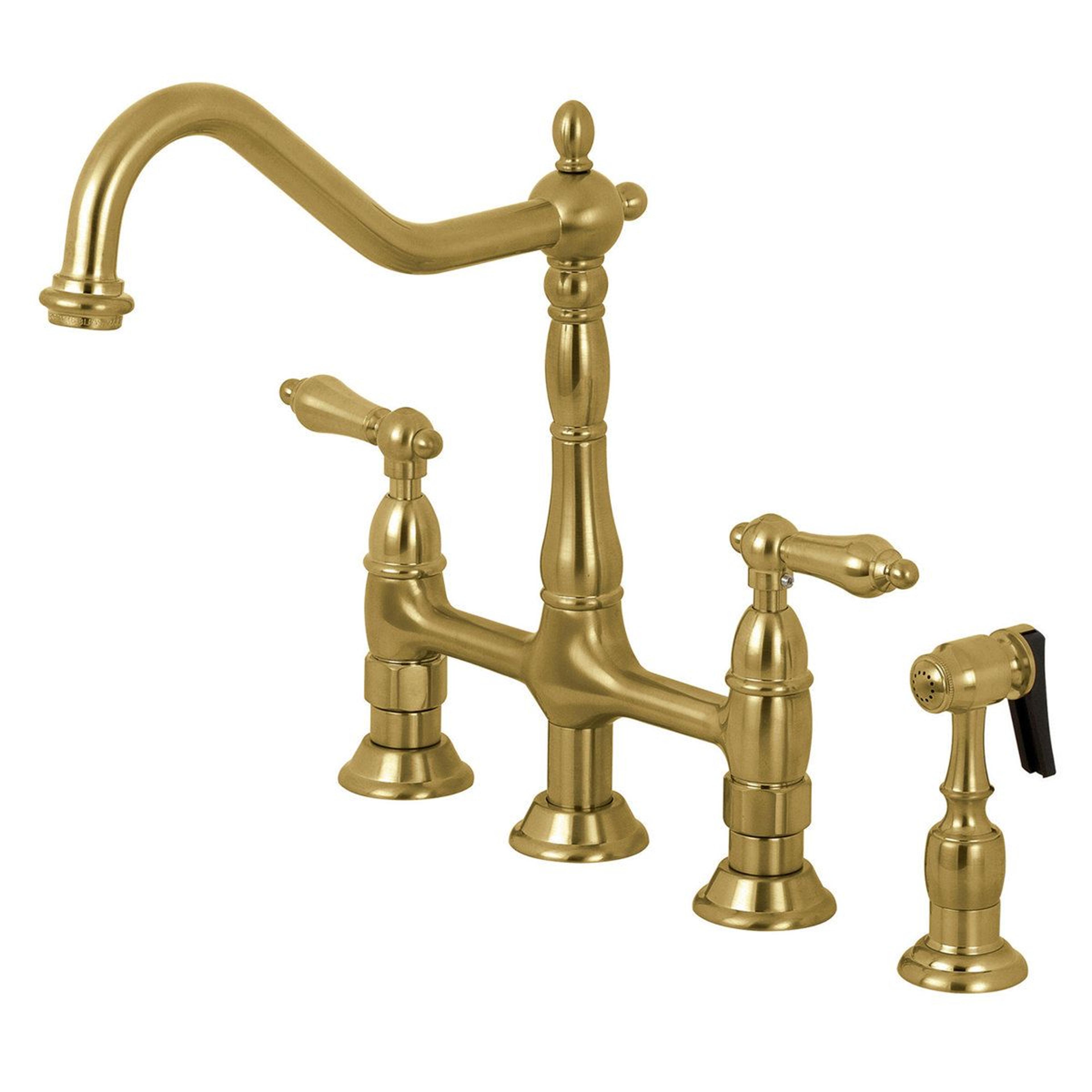 heritage two handle 4 hole deck mount bridge kitchen faucet with brass side sprayer in satin brass