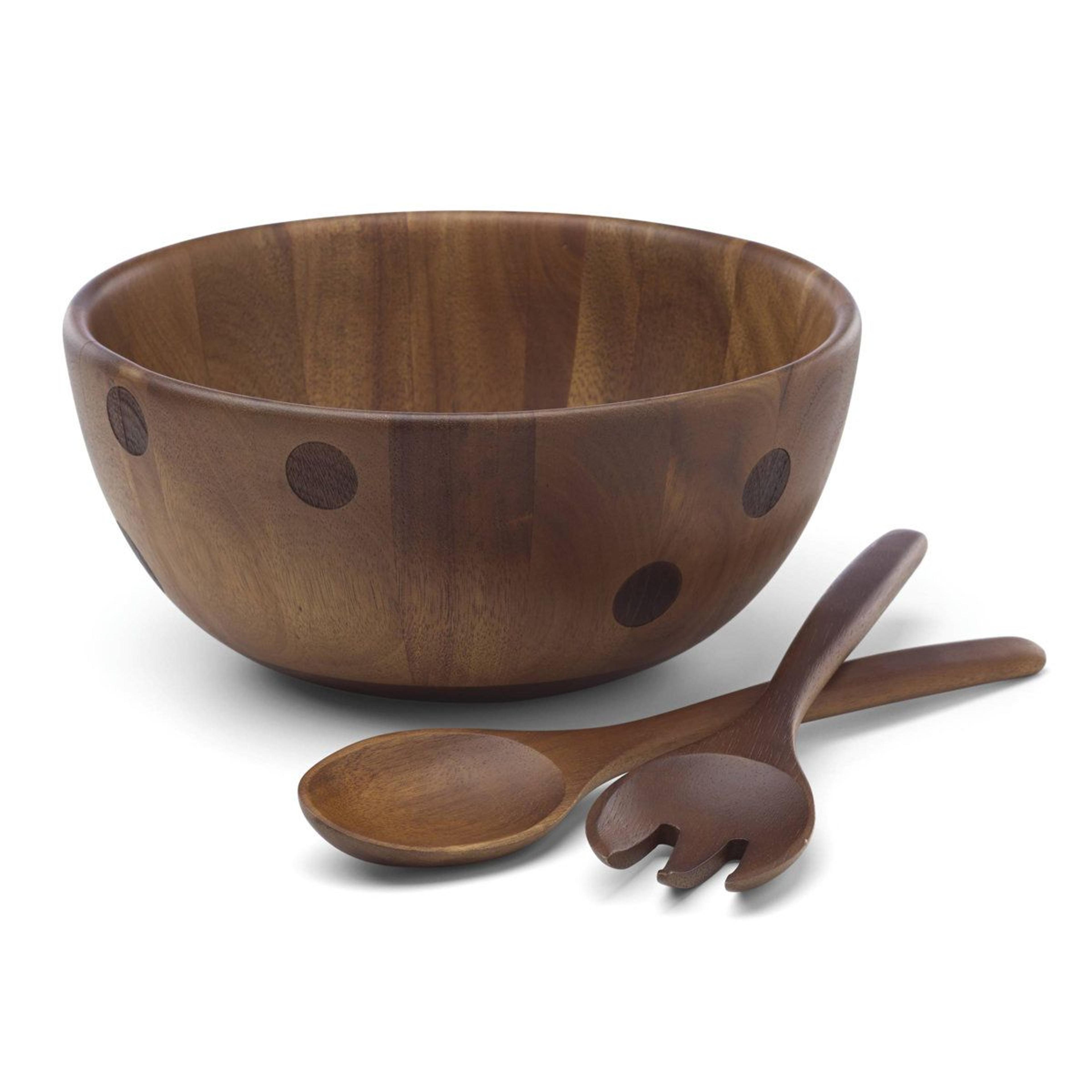 round wood salad bowl set with polka dots and utensils 96 oz
