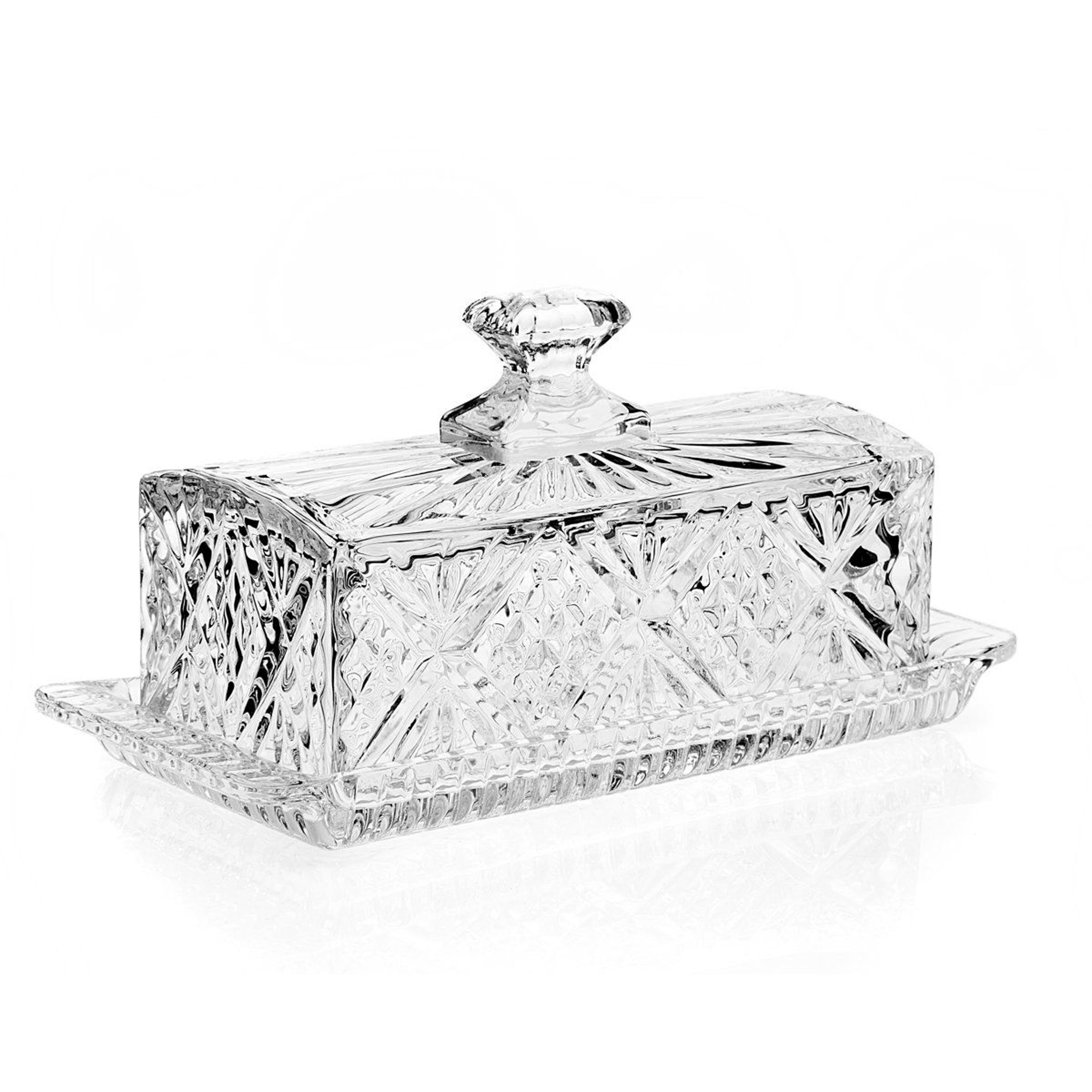 clear lead free crystal rectangle butter dish with cut glass design