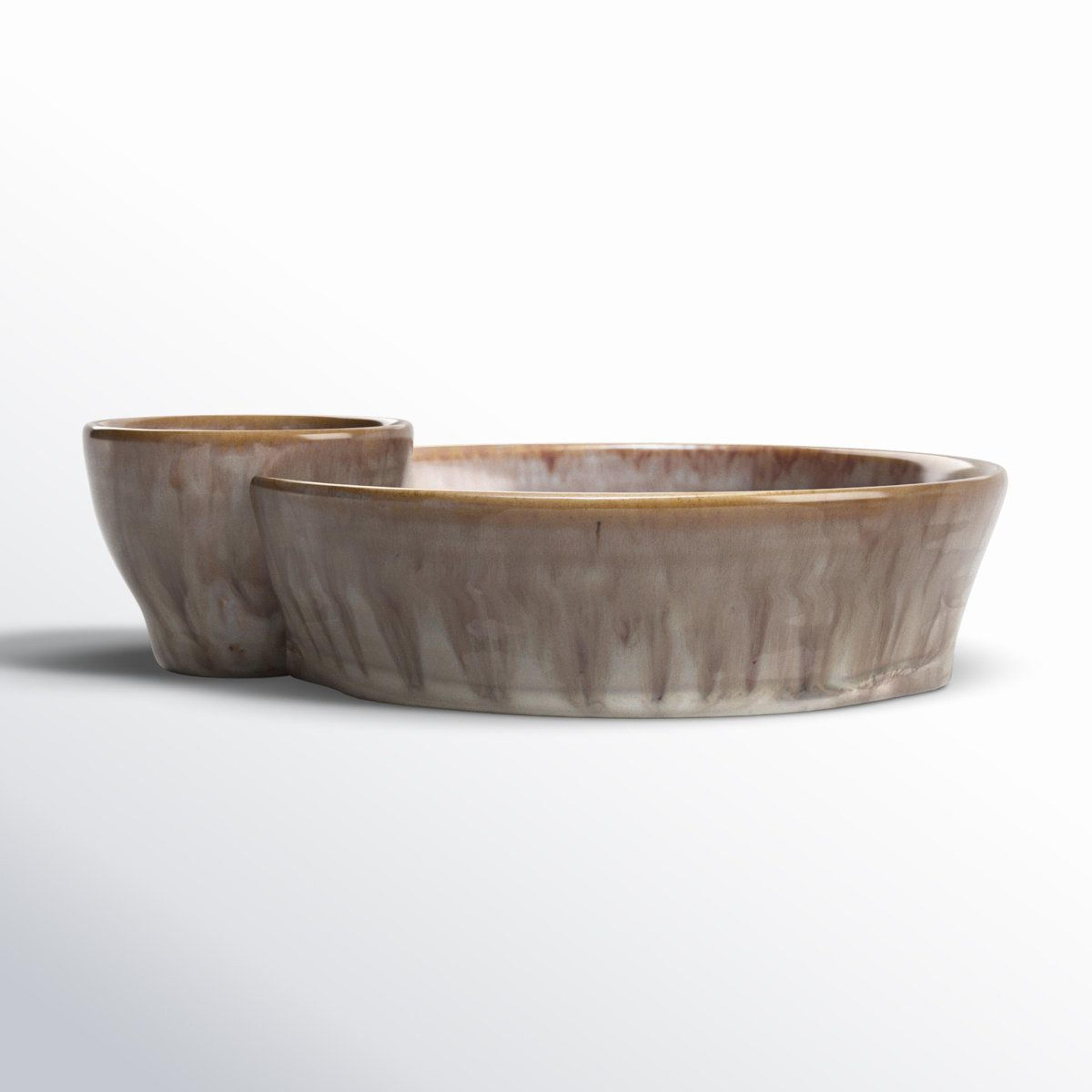 cream stoneware chips and dip platter with 2 sections