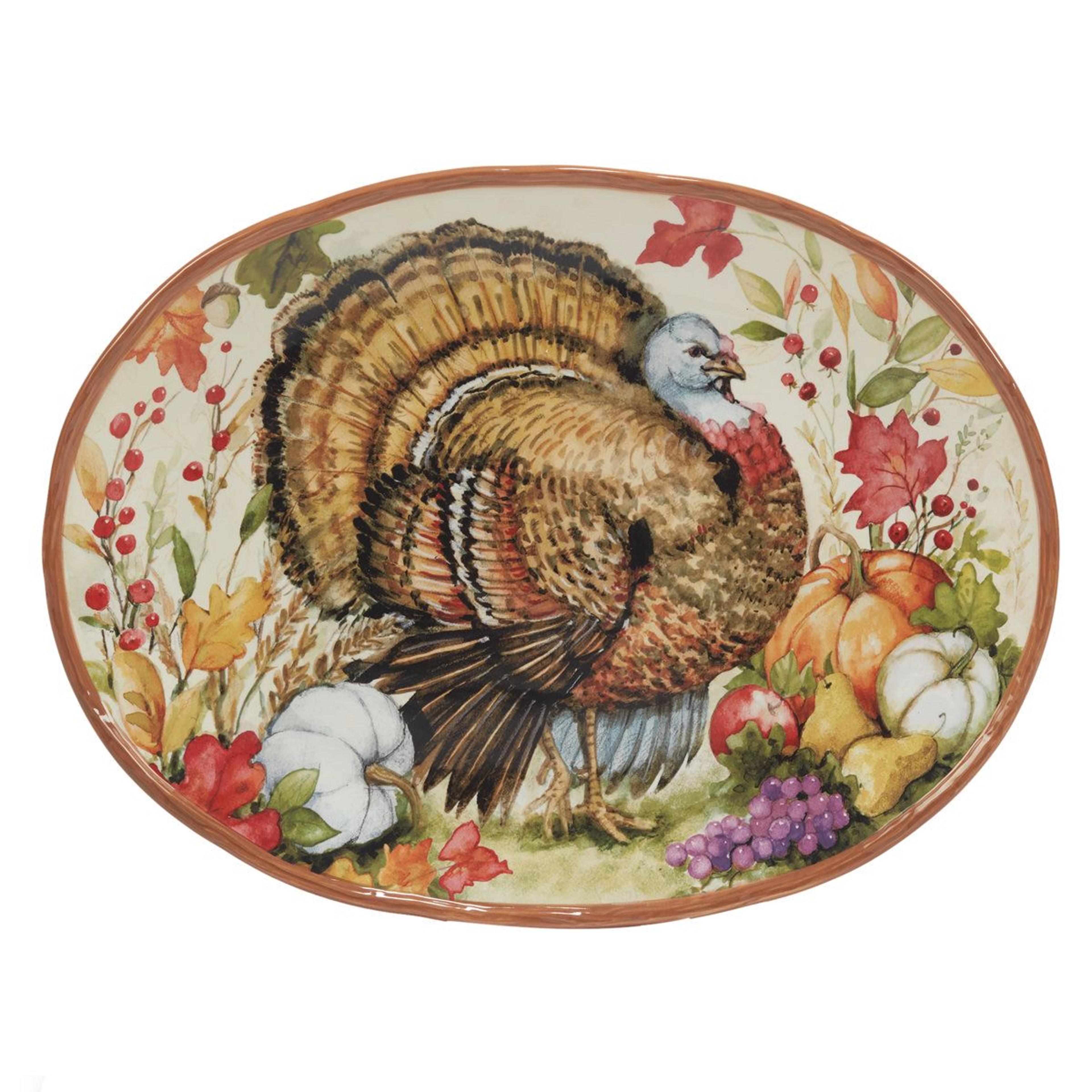 harvest fall flowers and pumpkin oval earthenware turkey platter