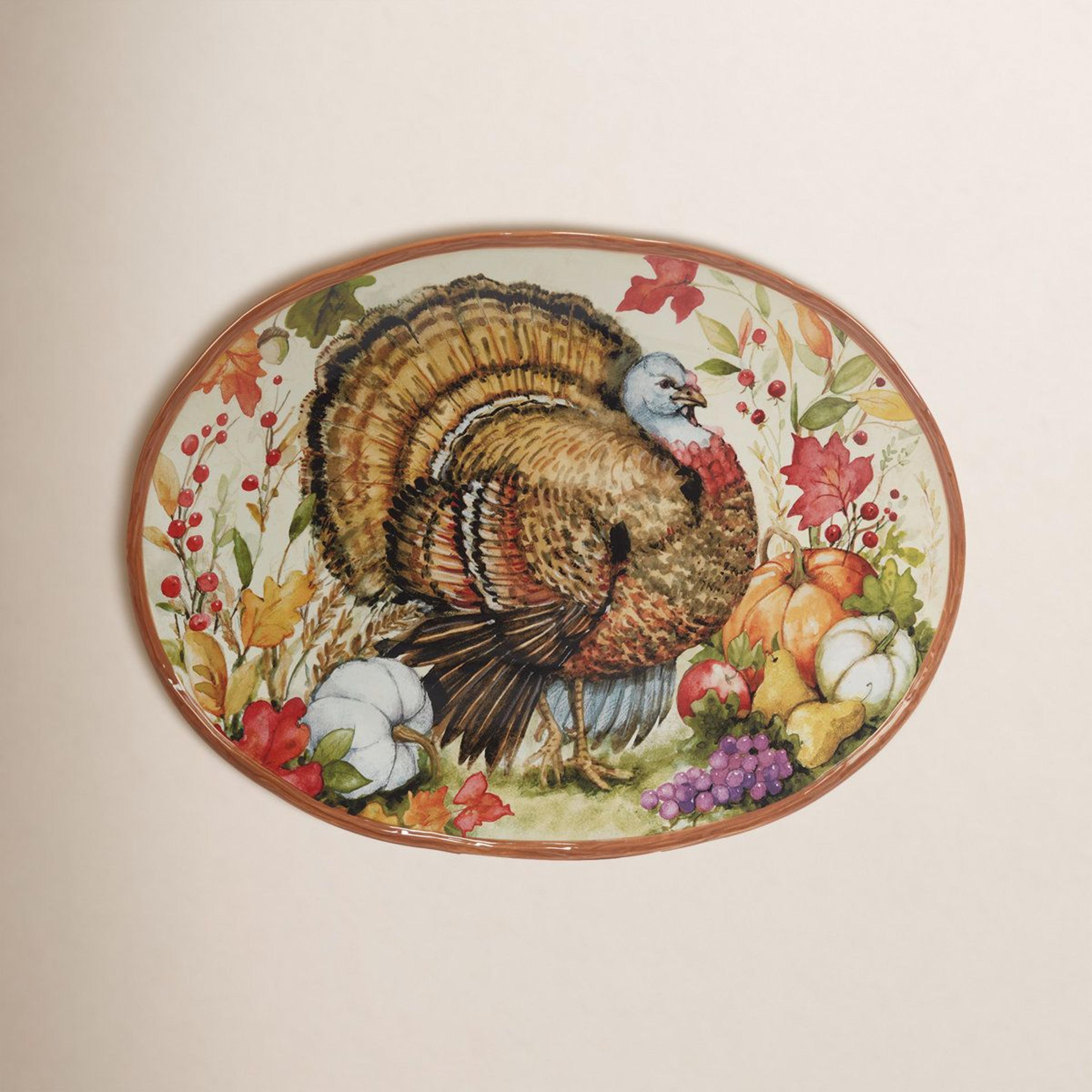 Harvest Fall Flowers And Pumpkin Oval Earthenware Turkey Platter 2
