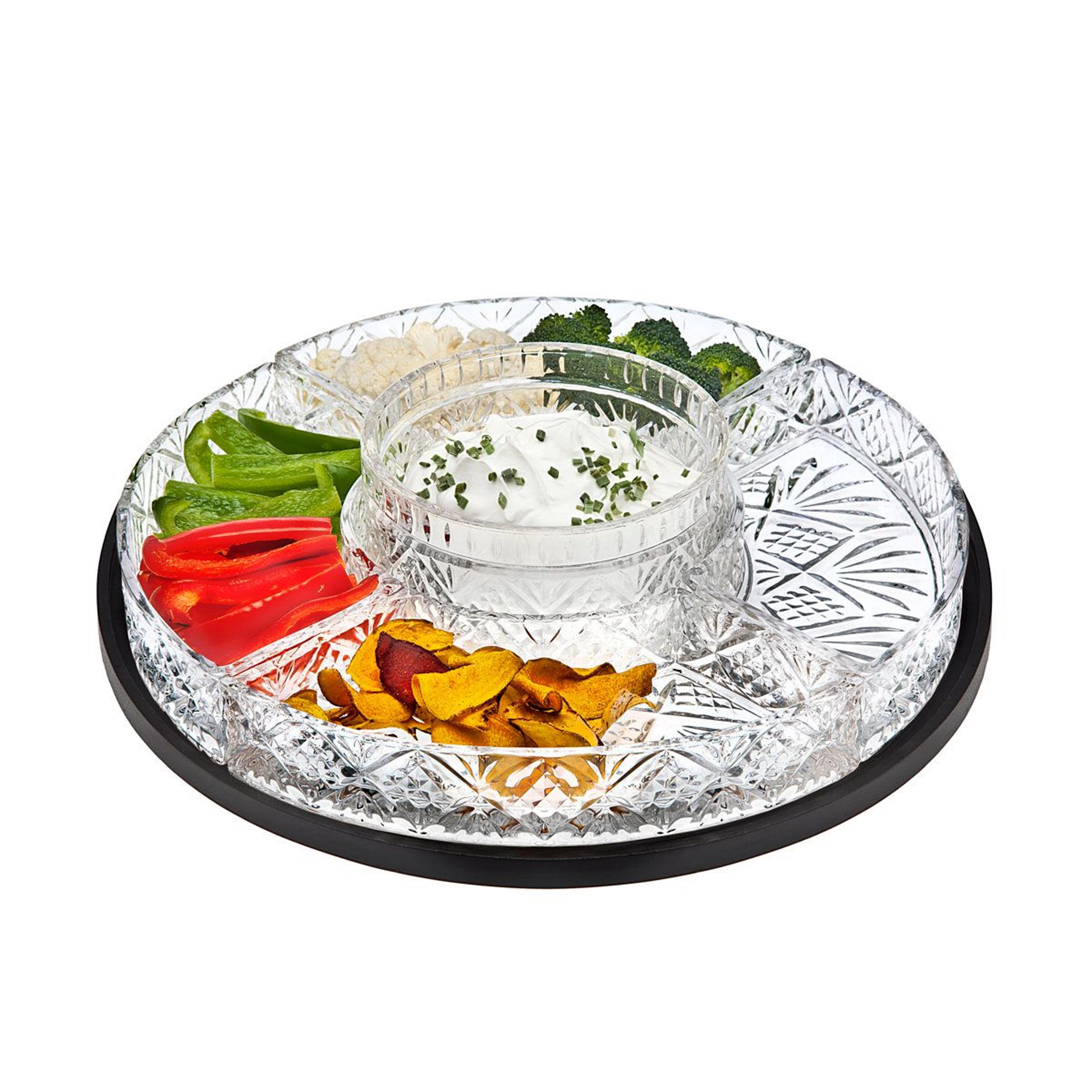 5 section round crystal chip and dip platter lazy susan clear and black