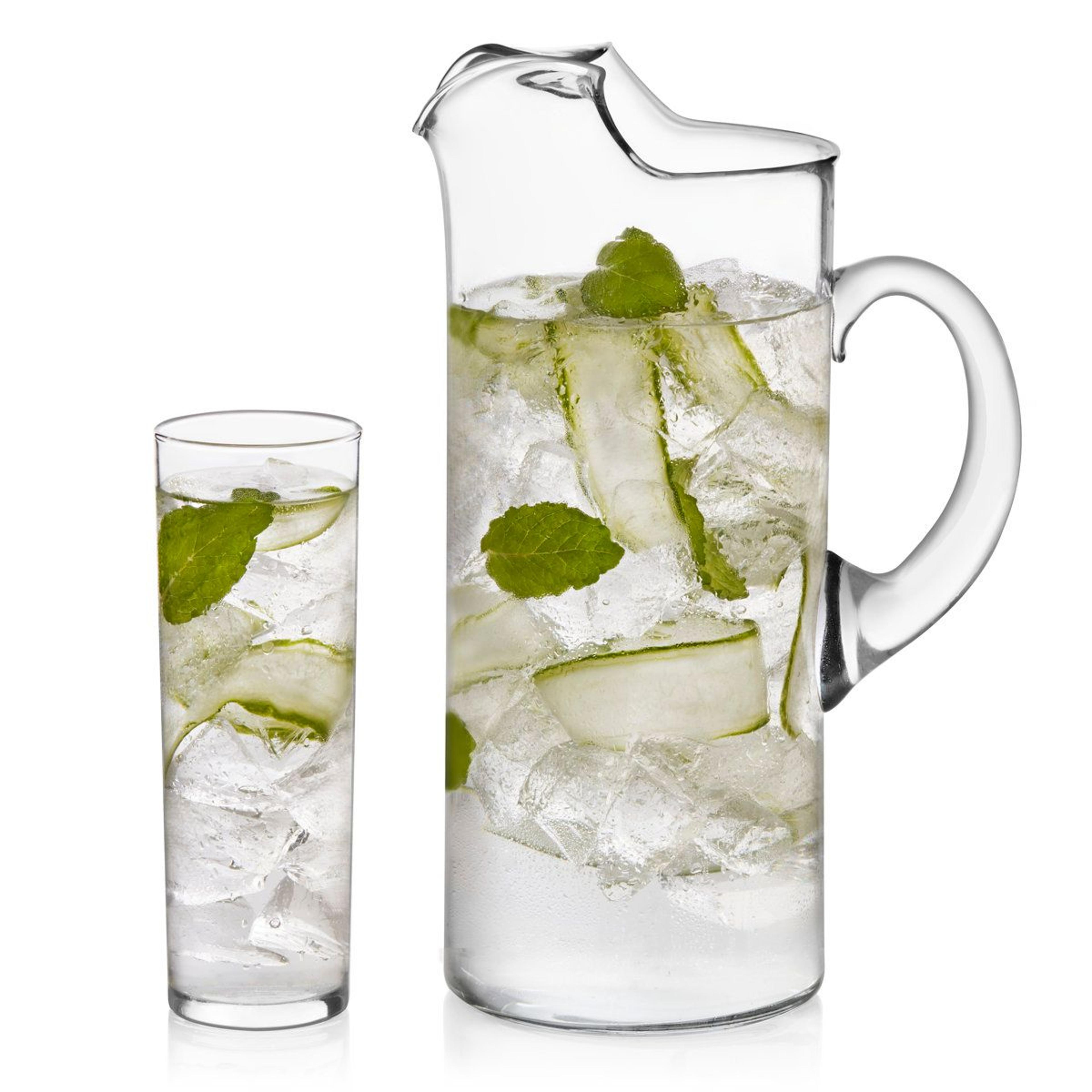 modern glassware 7 piece cocktail set with 6 highball glasses and 83.1 ounce drink pitcher