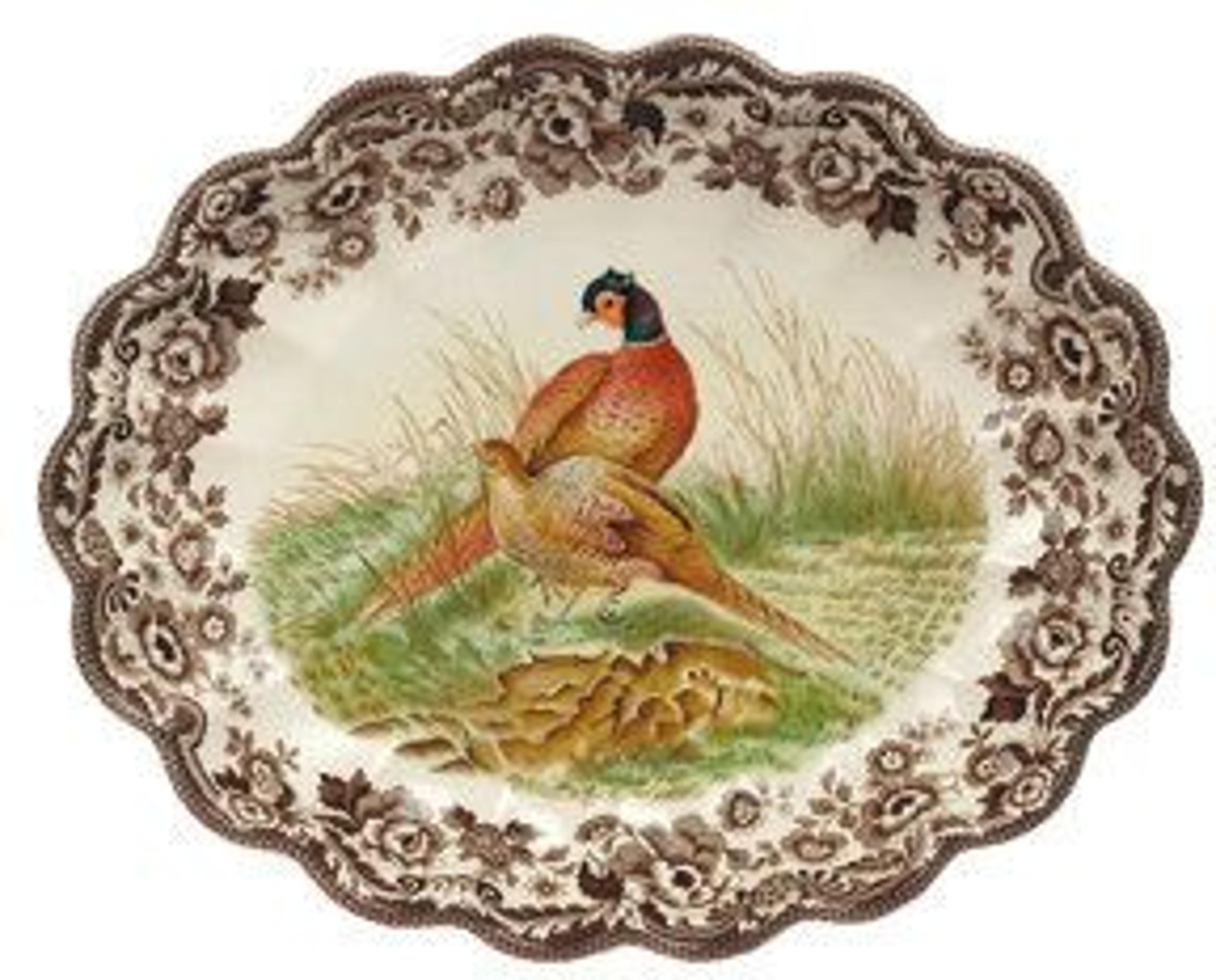 oval fluted porcelain platter with pheasant animal design 14.5 inch