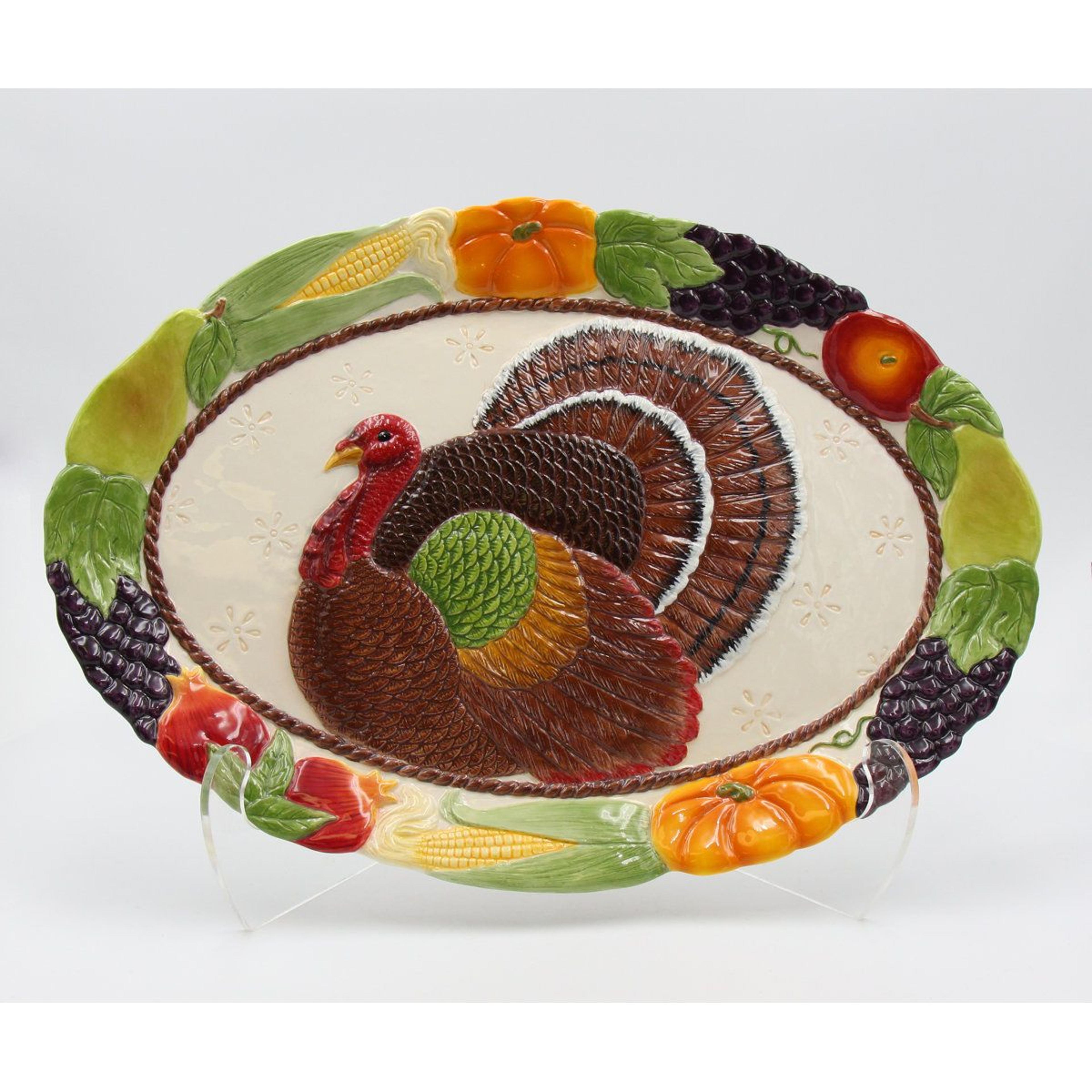 colorful oval porcelain turkey serving platter for thanksgiving