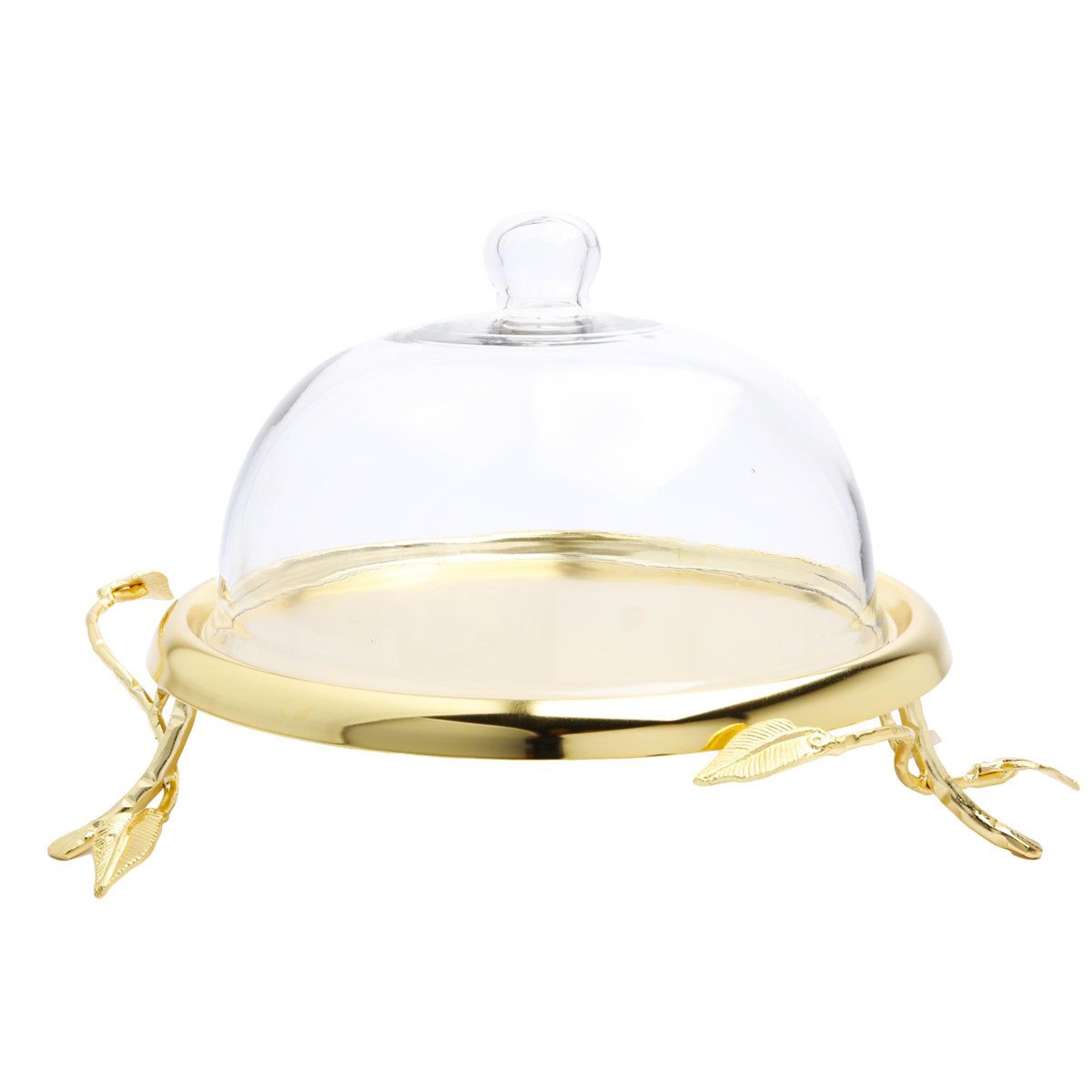 round glass cake stand with dome lid gold accent plate