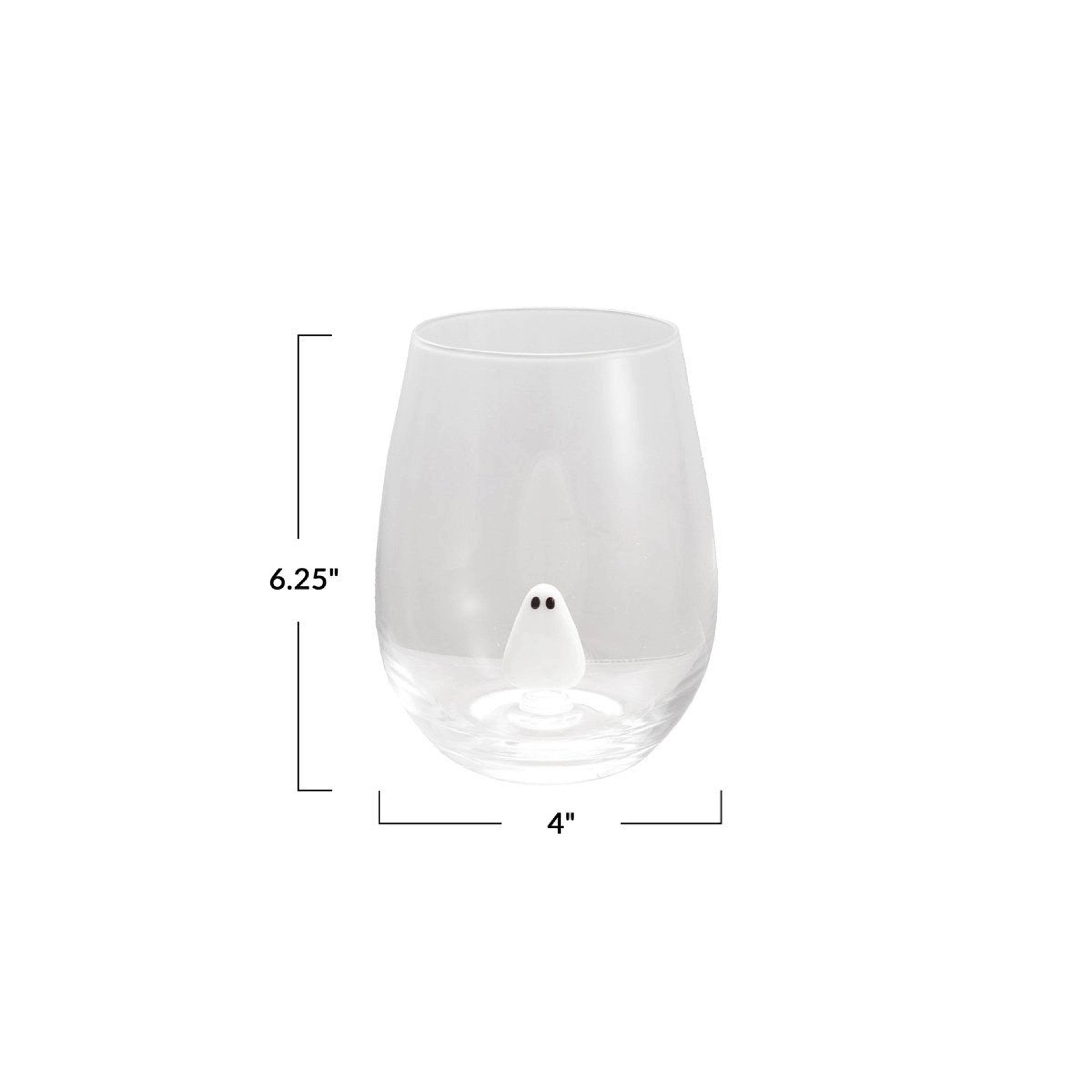 hand-blown ghost stemless wine glass with white ghost figurine