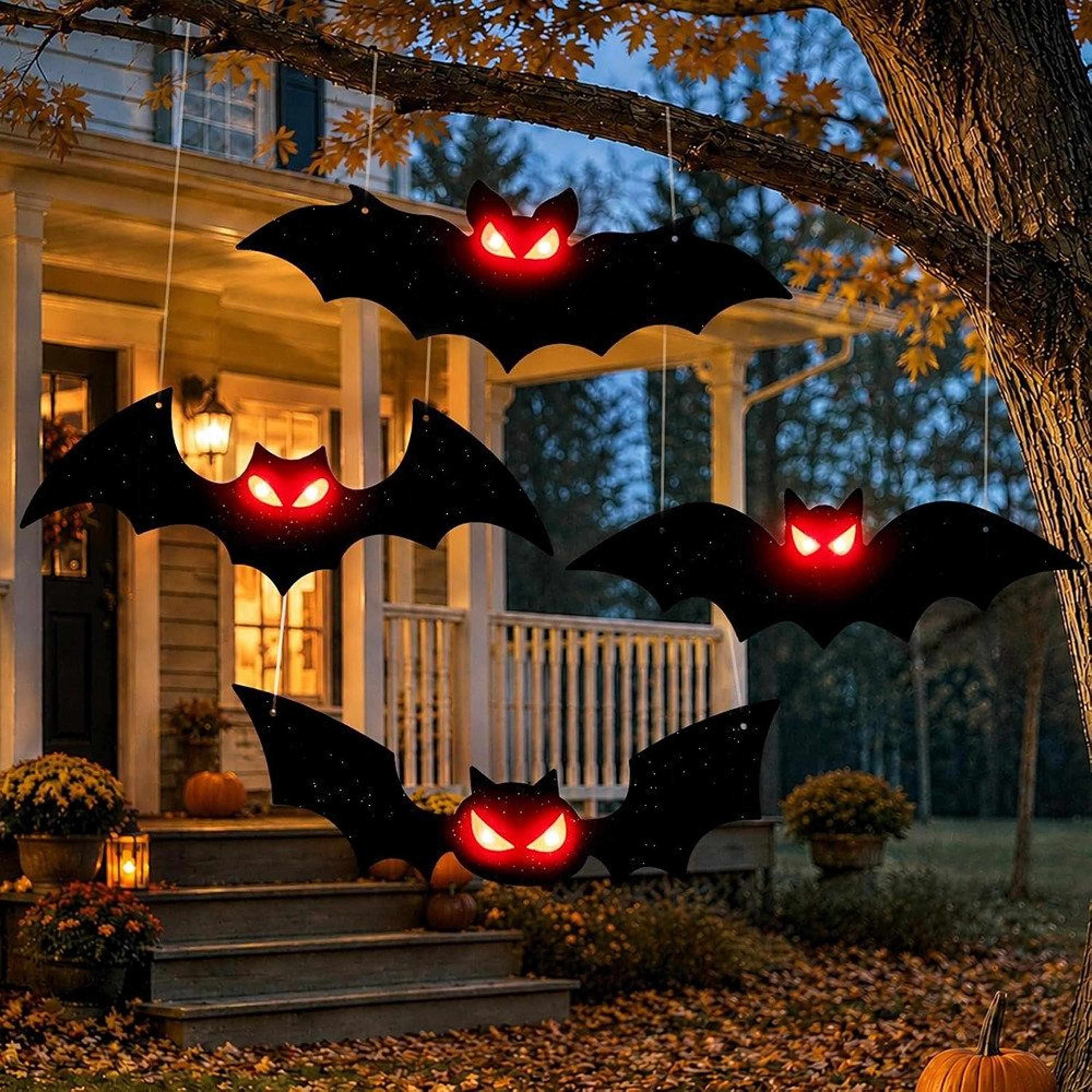 4Piece Lighted Halloween Hanging Bats With Glowing Red Eyes 1