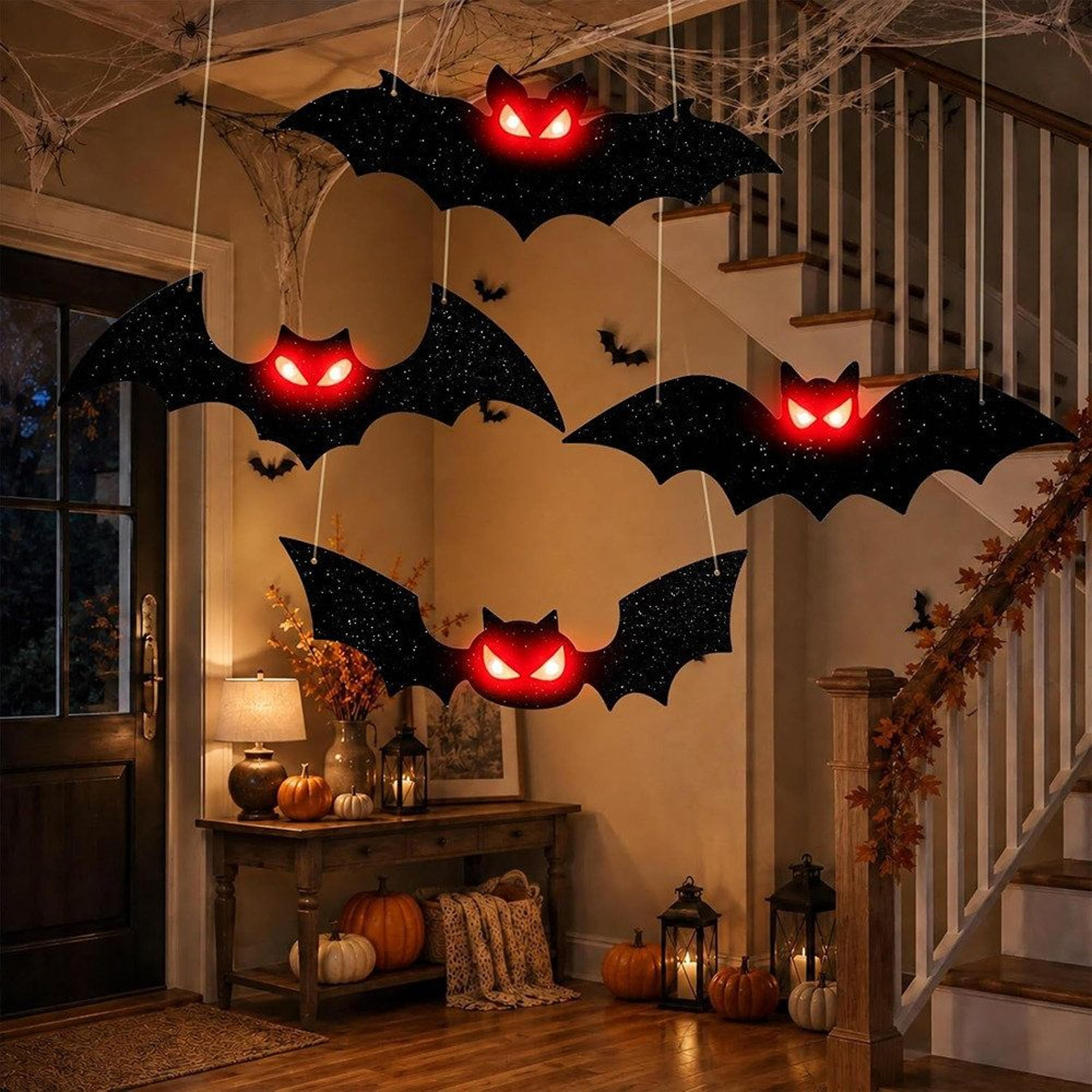 4-piece lighted halloween hanging bats with glowing red eyes