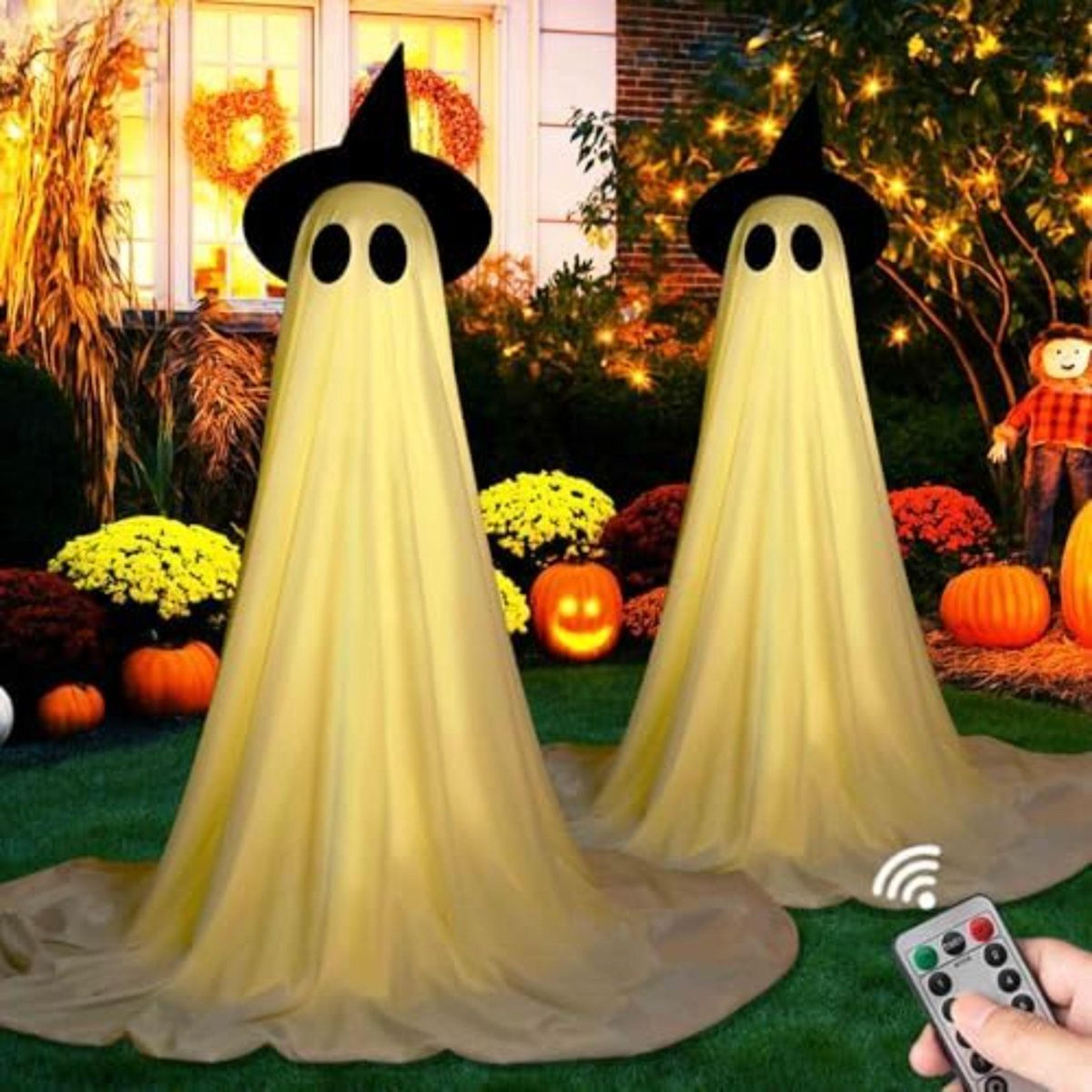 2-pack halloween ghost decorations with witch hats and remote control lights