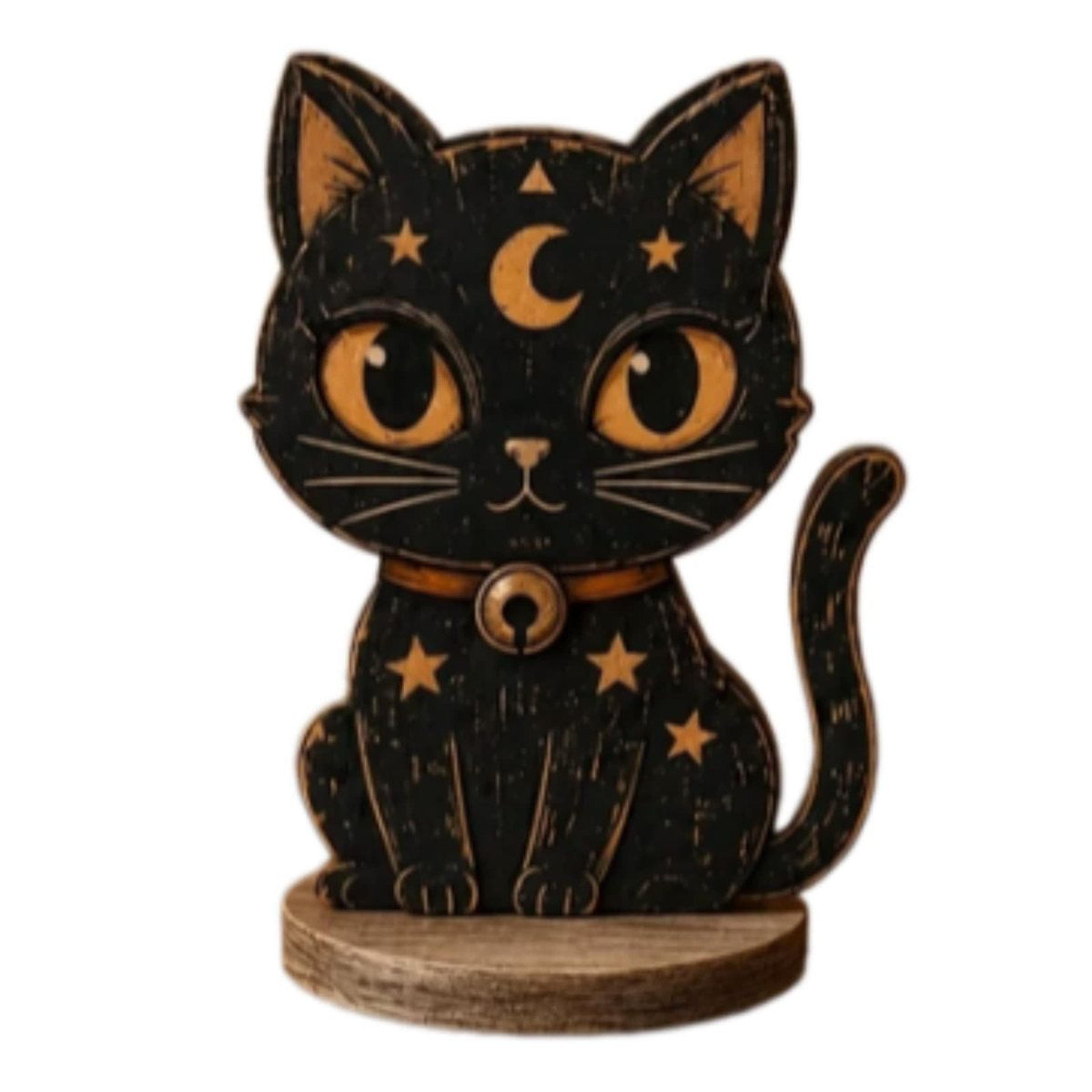 black cat wooden ornament – vintage halloween tabletop decoration