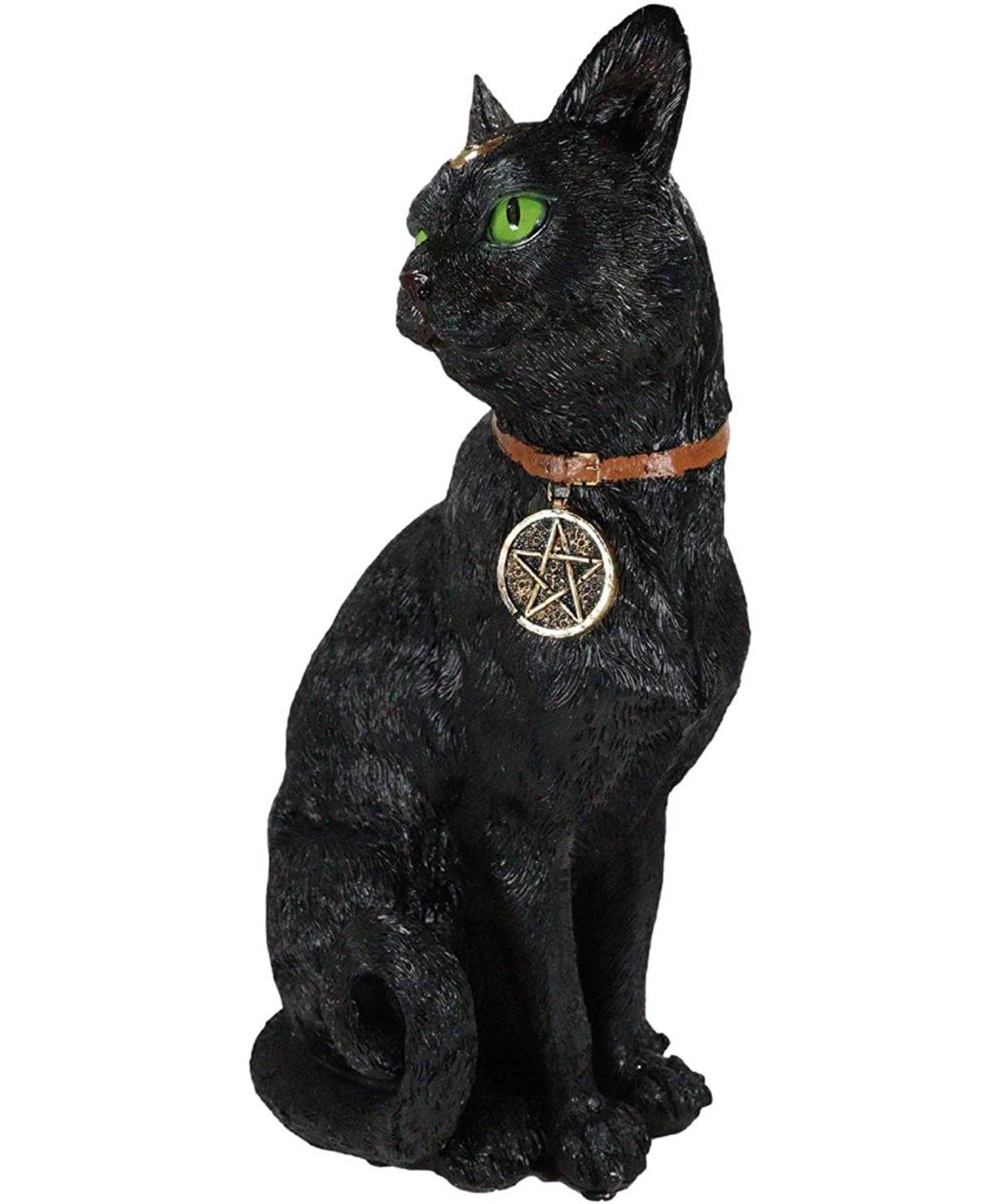 black cat resin figurine with pentagram necklace – hand-painted gothic decor