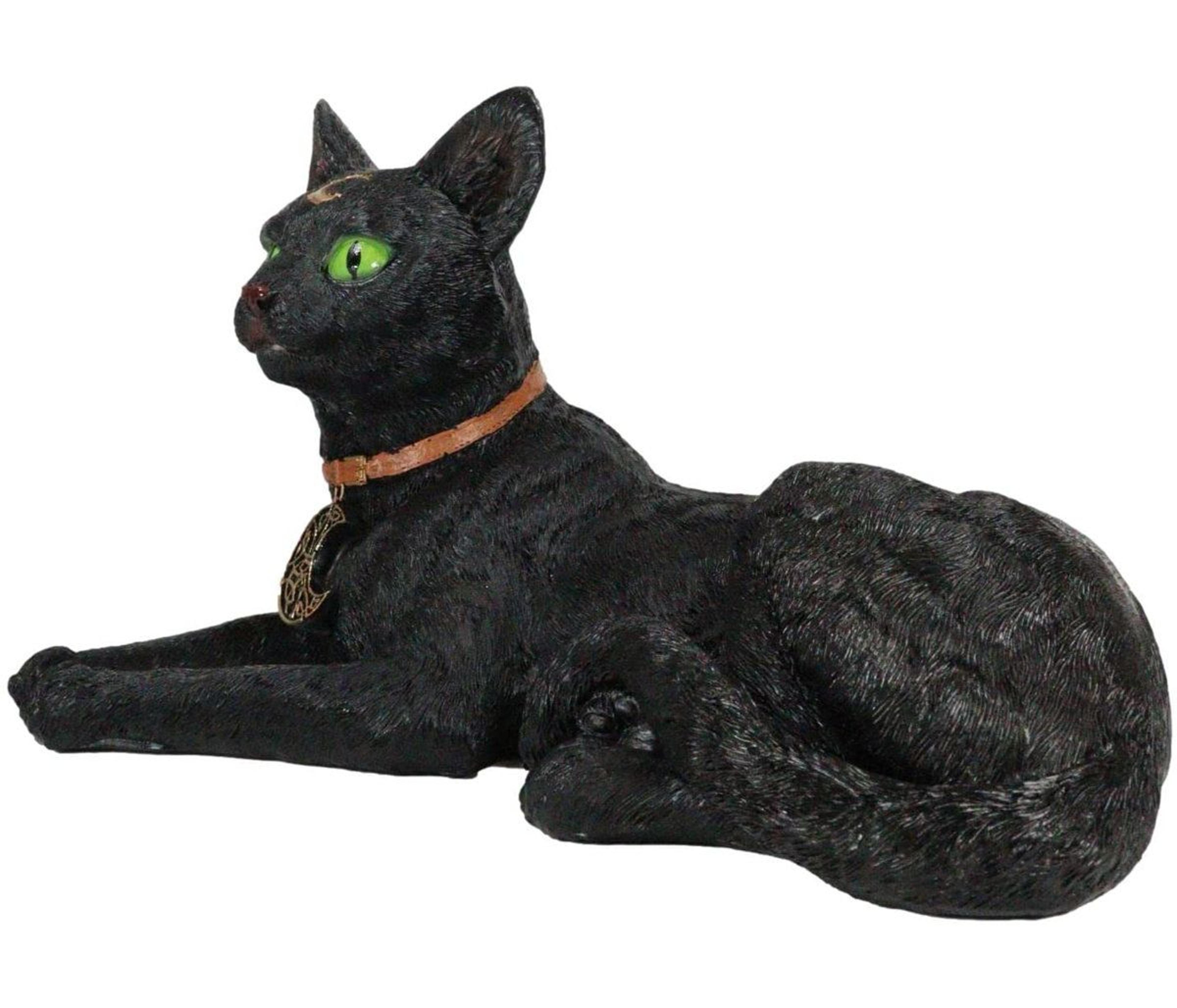 black cat figurine with crescent moon necklace – hand-painted resin sculpture