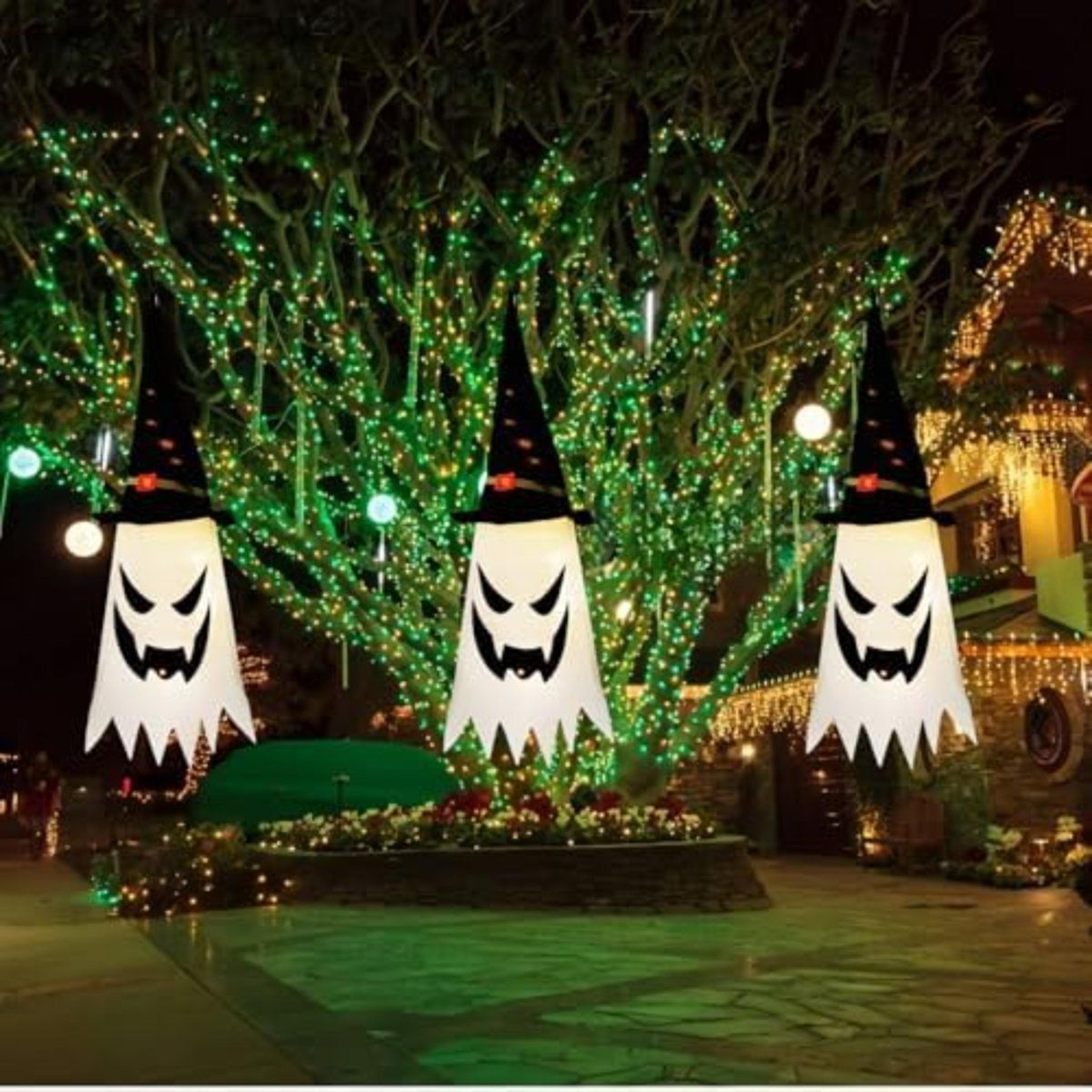 halloween hanging ghost decorations with glowing witch hats for indoor and outdoor decor