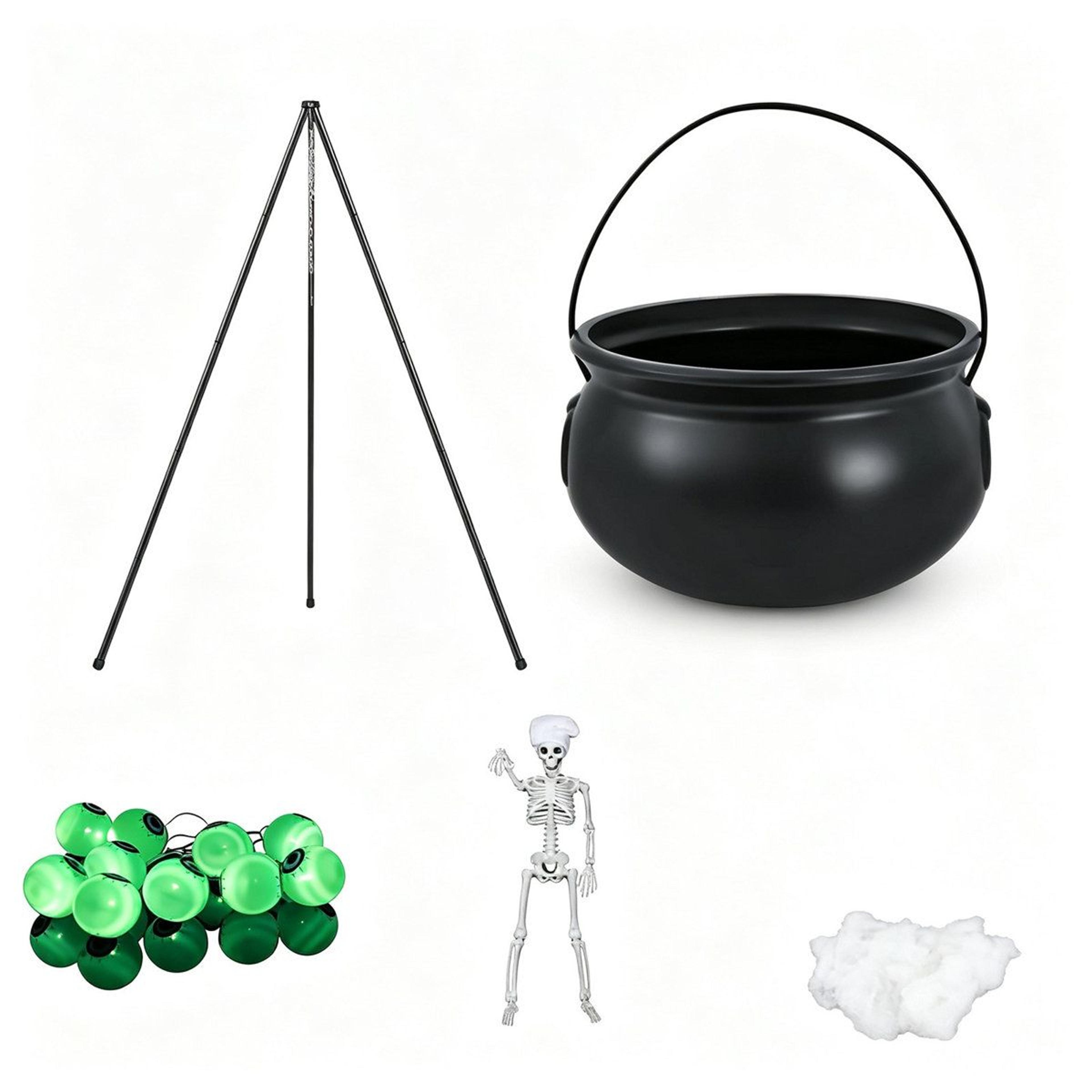 halloween witch cauldron decor with skeleton and green light on tripod