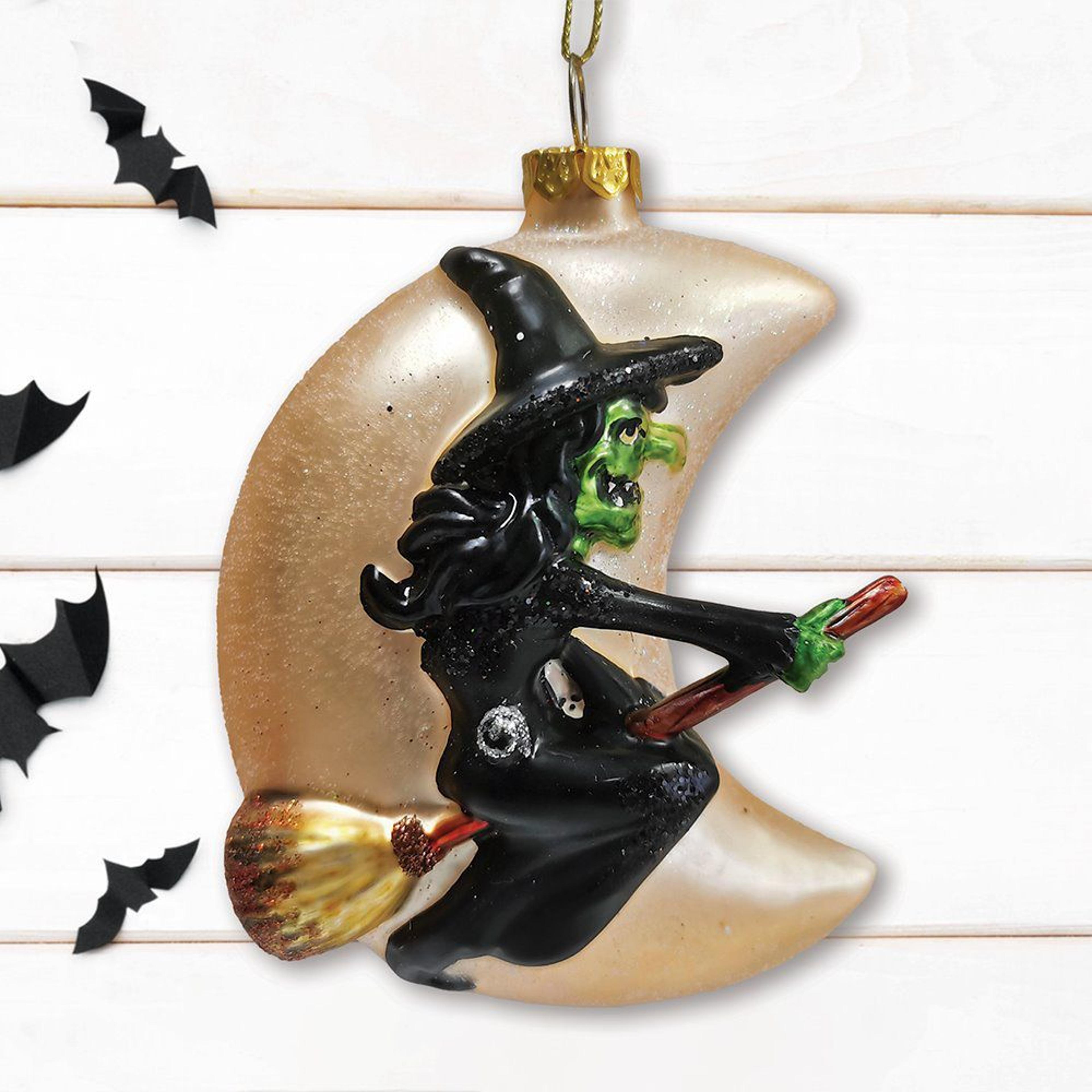 wicked witch and crescent moon glass ornament for halloween and christmas decor