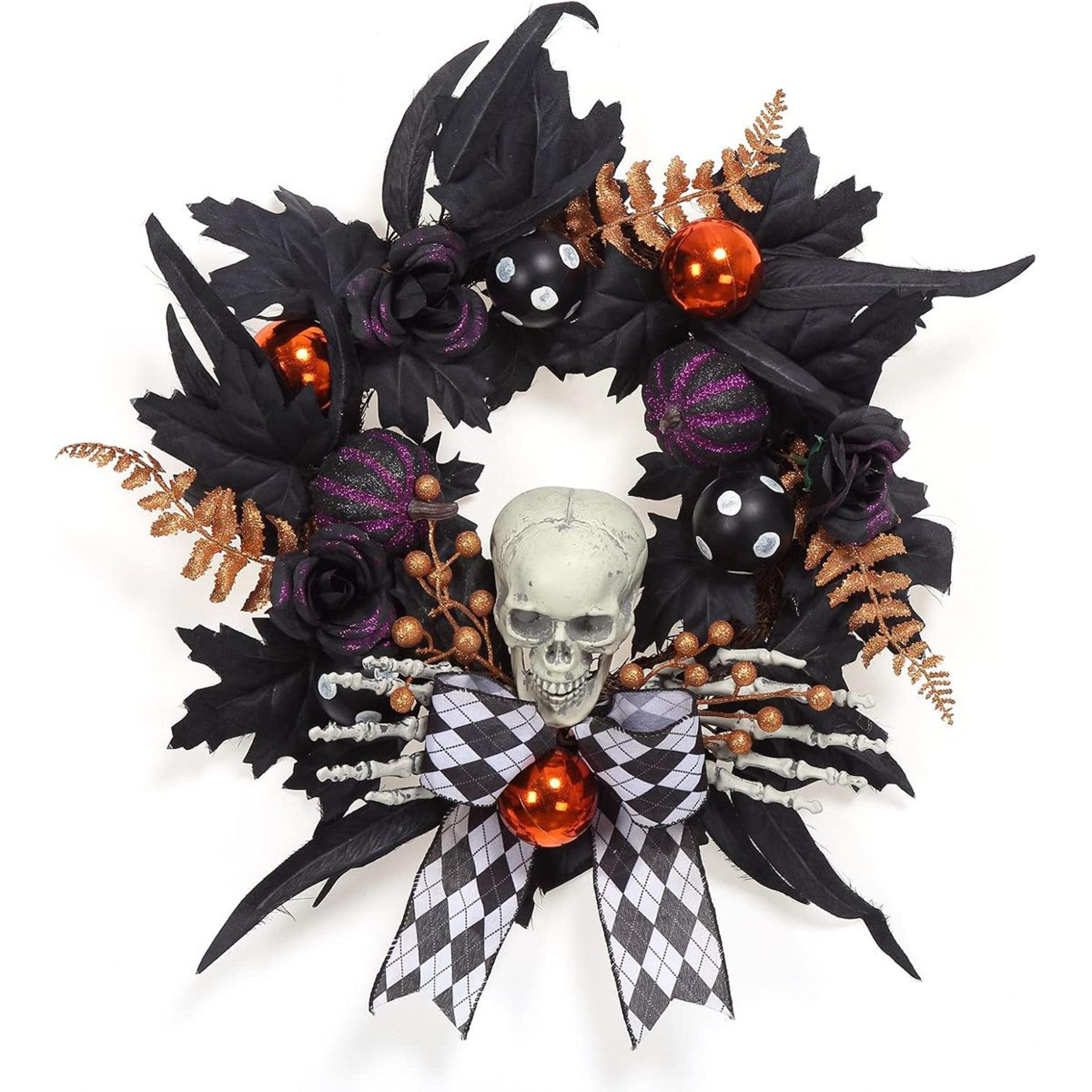 halloween door wreath with black and white plaid bow for indoor outdoor decor