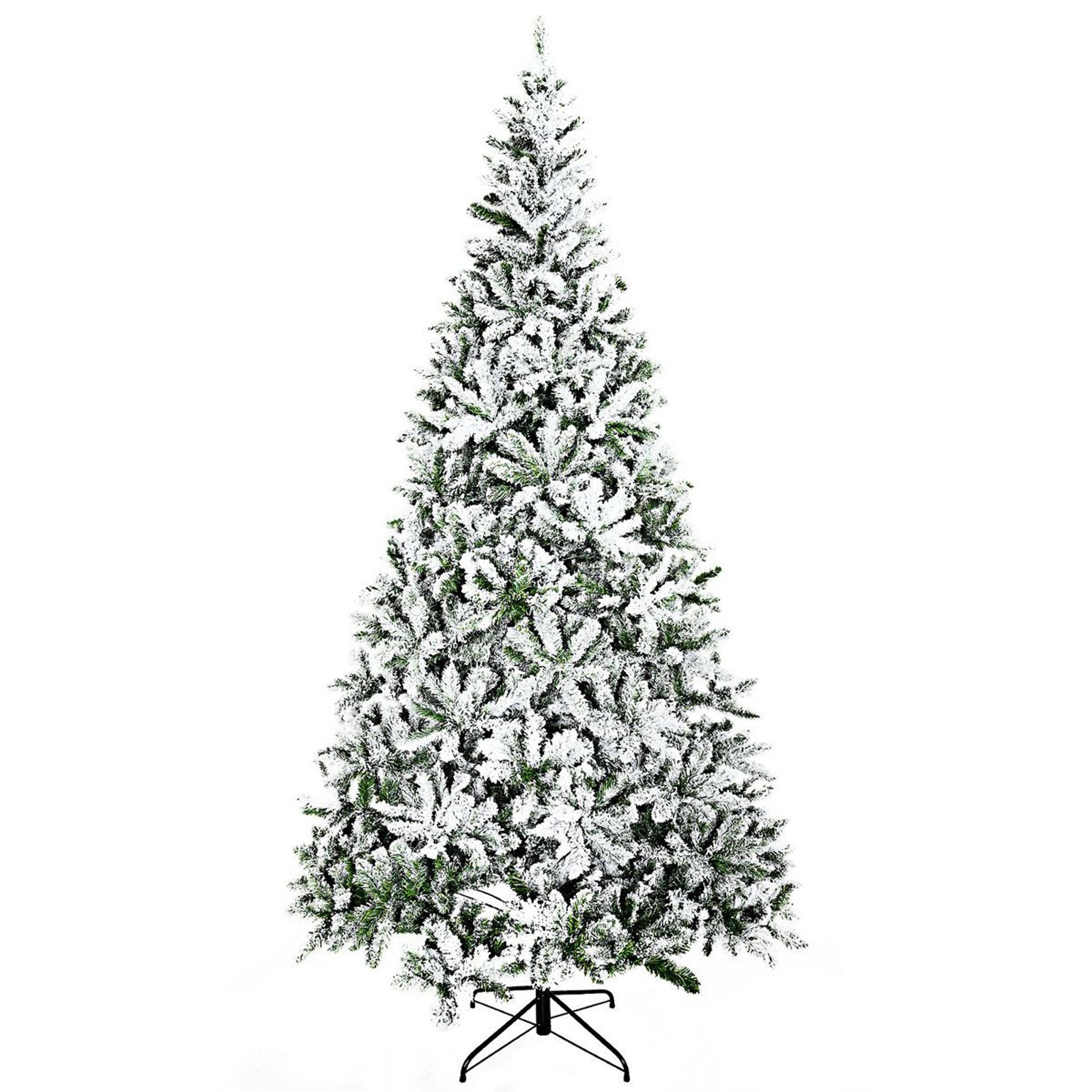 tall snow flocked artificial christmas tree with full pine shape and stand