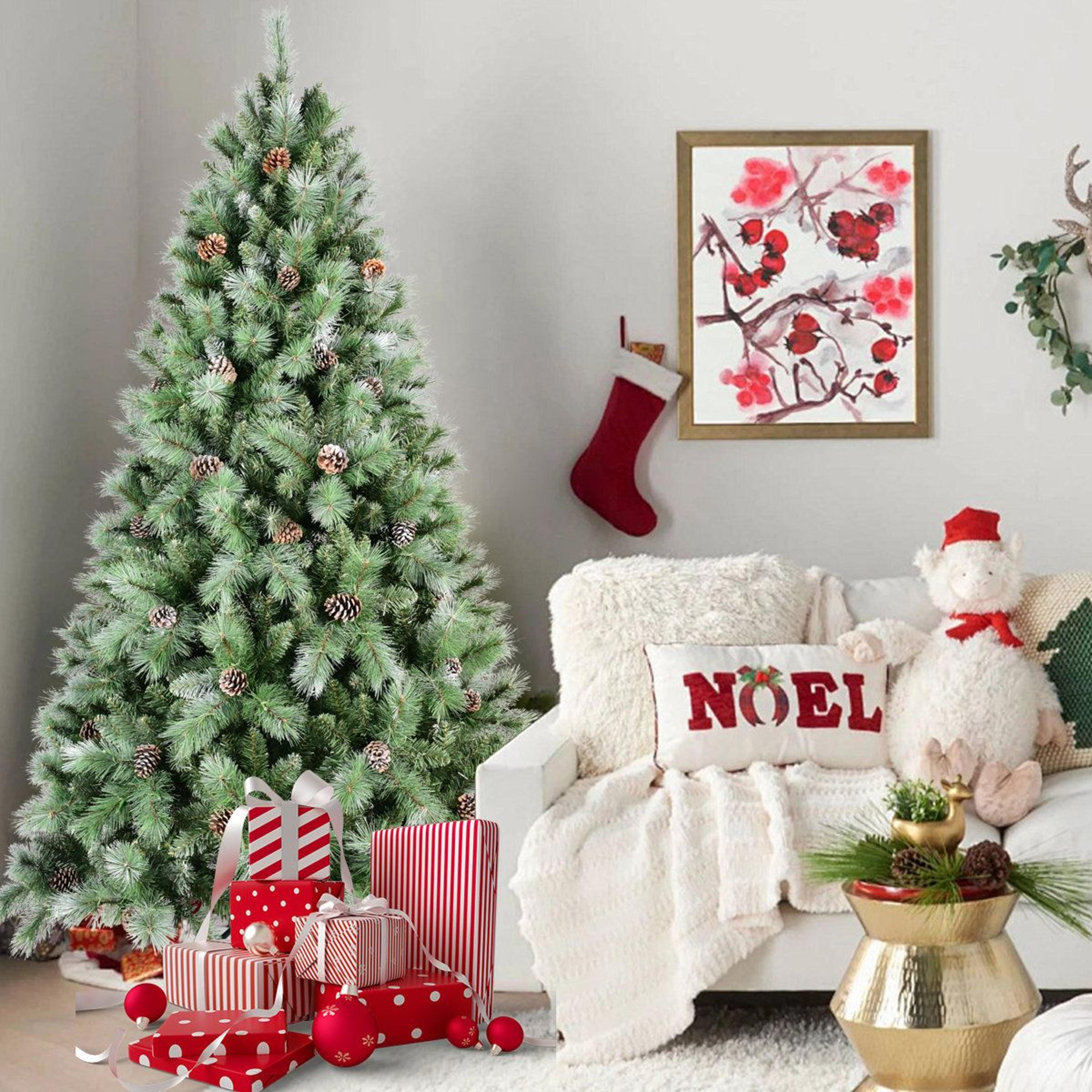 8 ft artificial christmas tree with pine cones and hinged branches