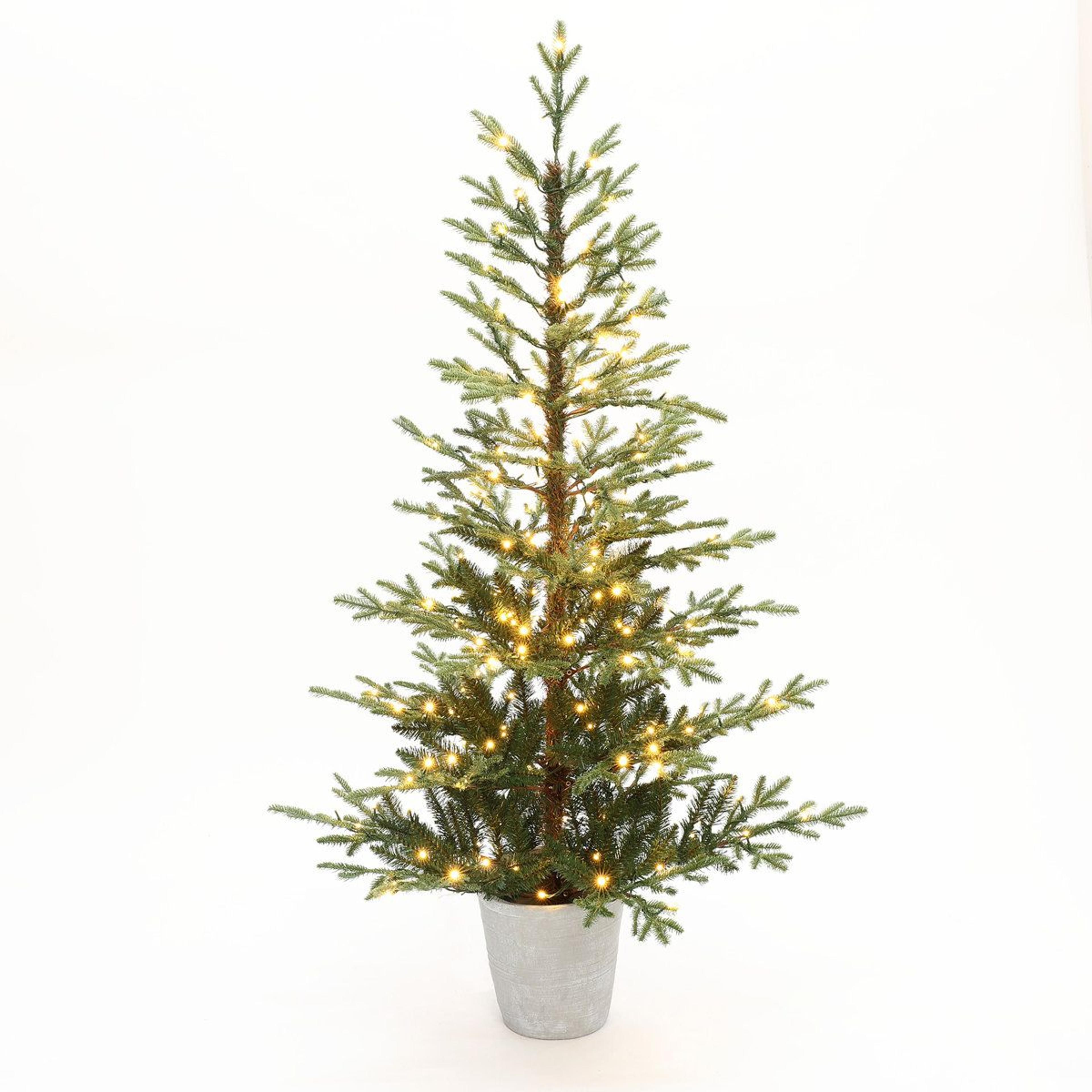 pre-lit artificial fir christmas tree with 200 warm white led lights and decorative pot