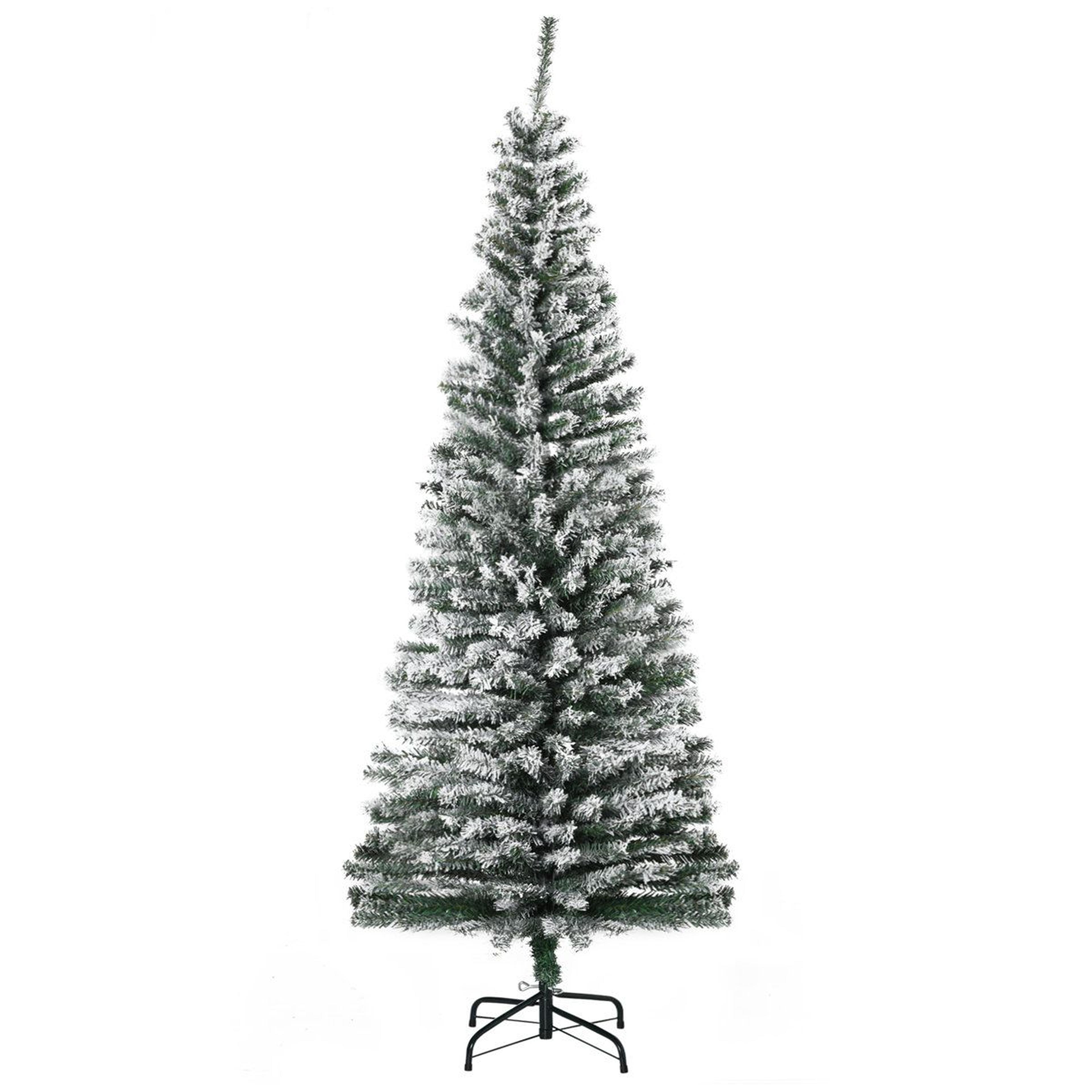 5.9 ft slim flocked artificial christmas tree with snowy pine branches and stand