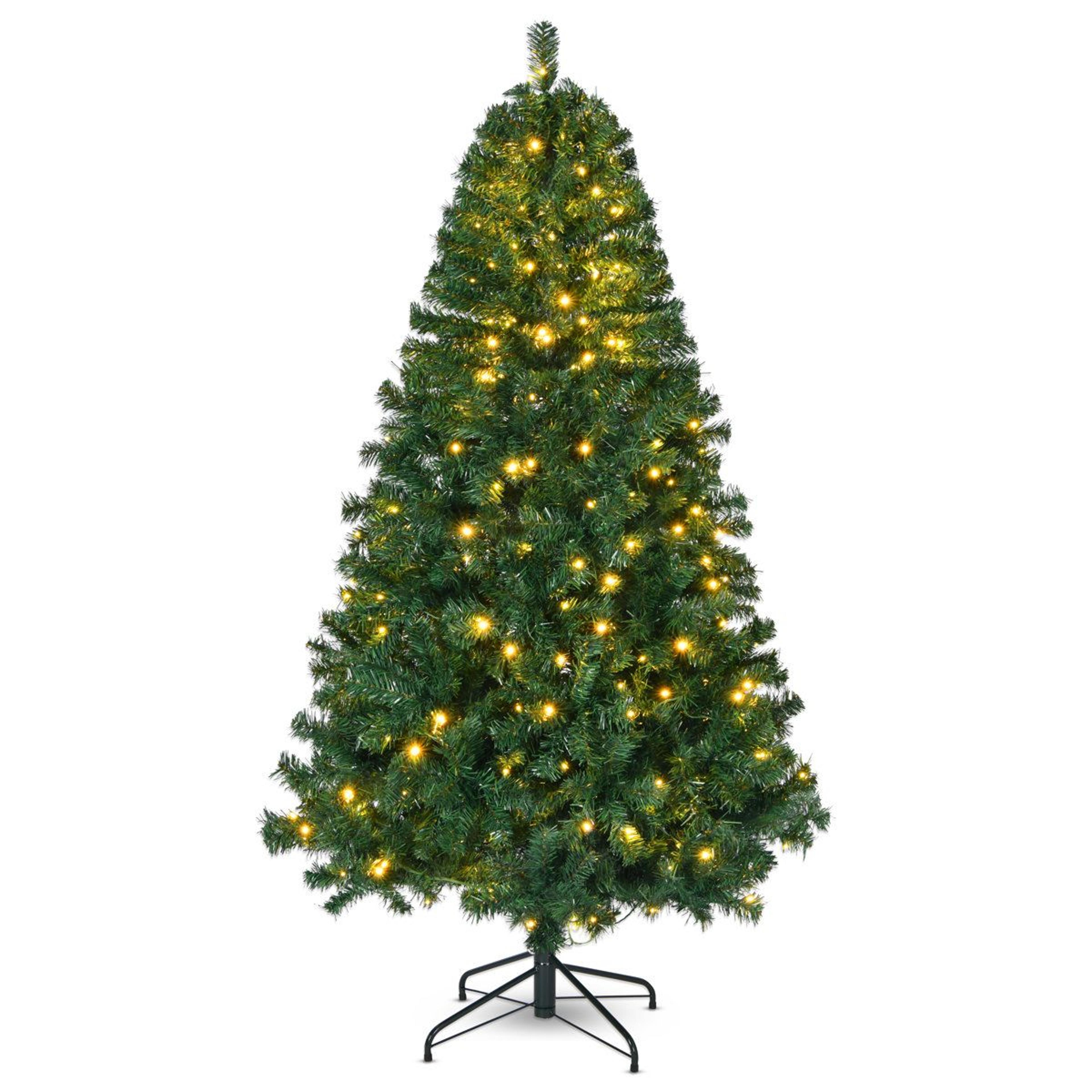 pre-lit artificial spruce christmas tree with warm white led lights and hinged branches