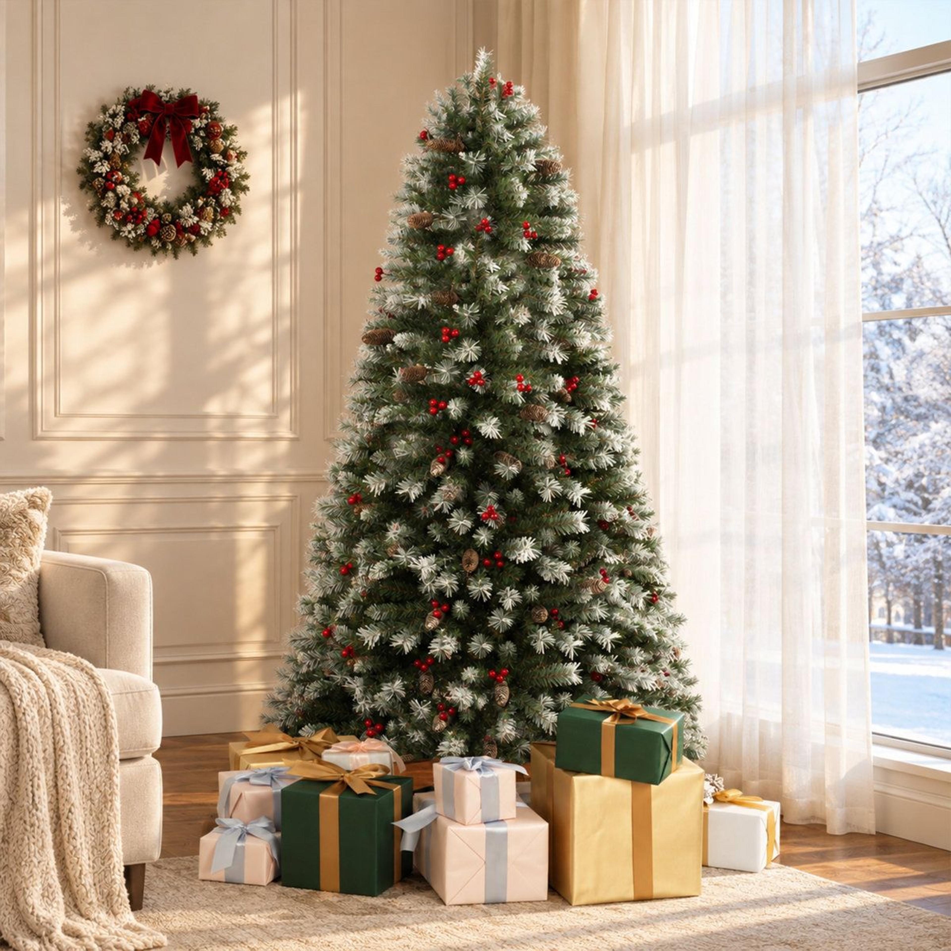 pre-lit frosted artificial spruce christmas tree with warm white lights and pine cones