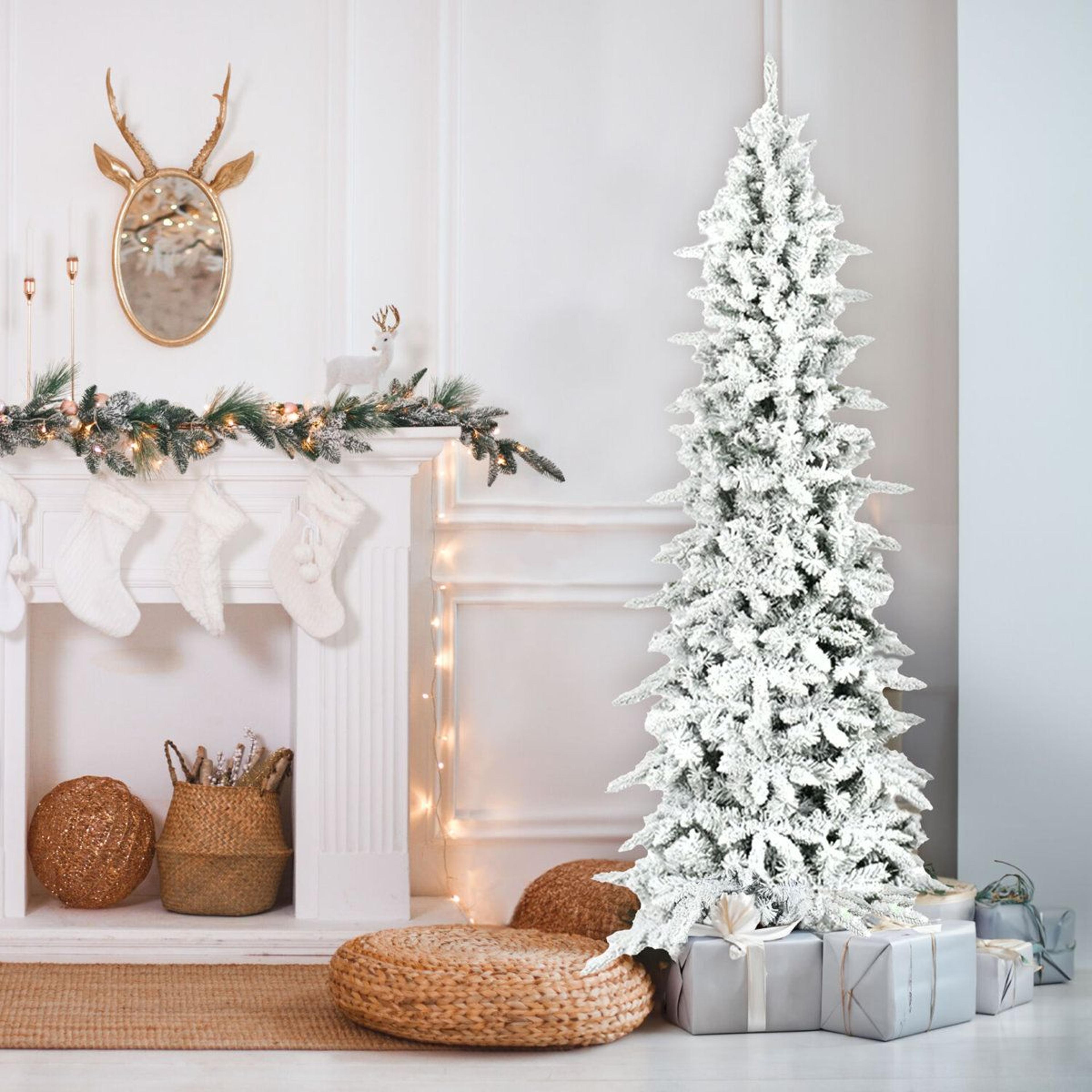 6.5 ft slim flocked artificial christmas tree unlit snow-dusted pine