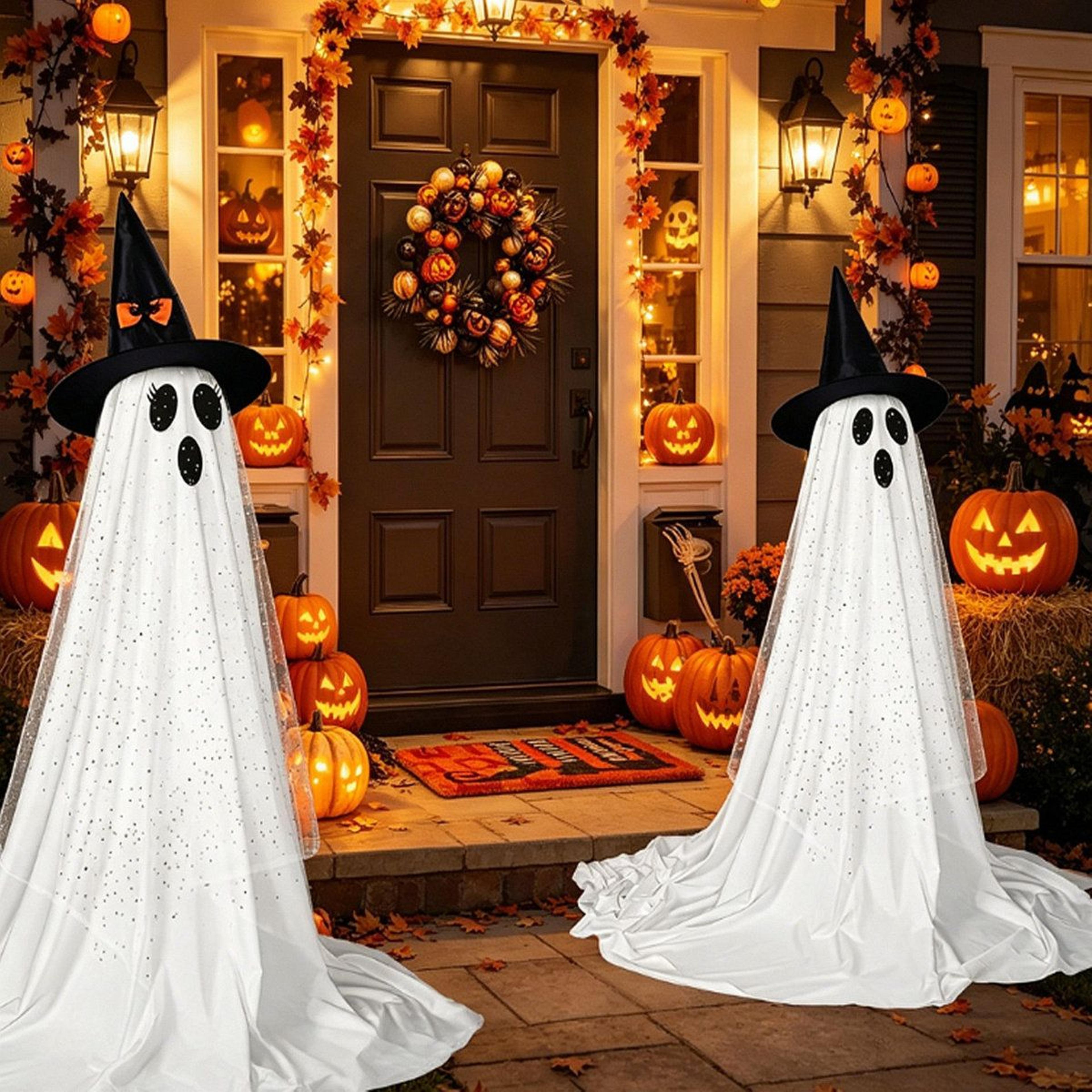 outdoor halloween ghost decorations 2 pack with witch hats and led string lights