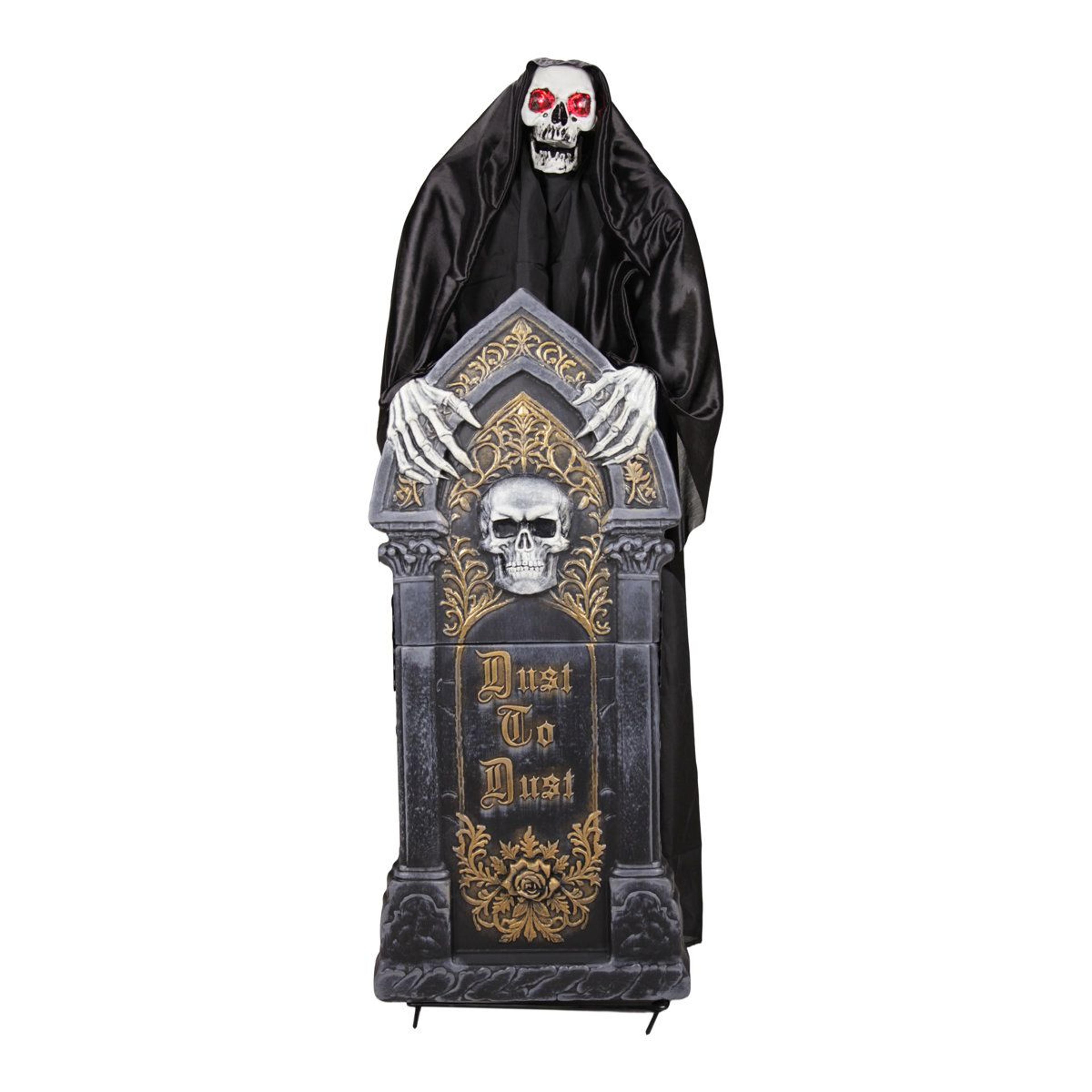 4 ft animated reaper halloween animatronic with tombstone and glowing red led eyes