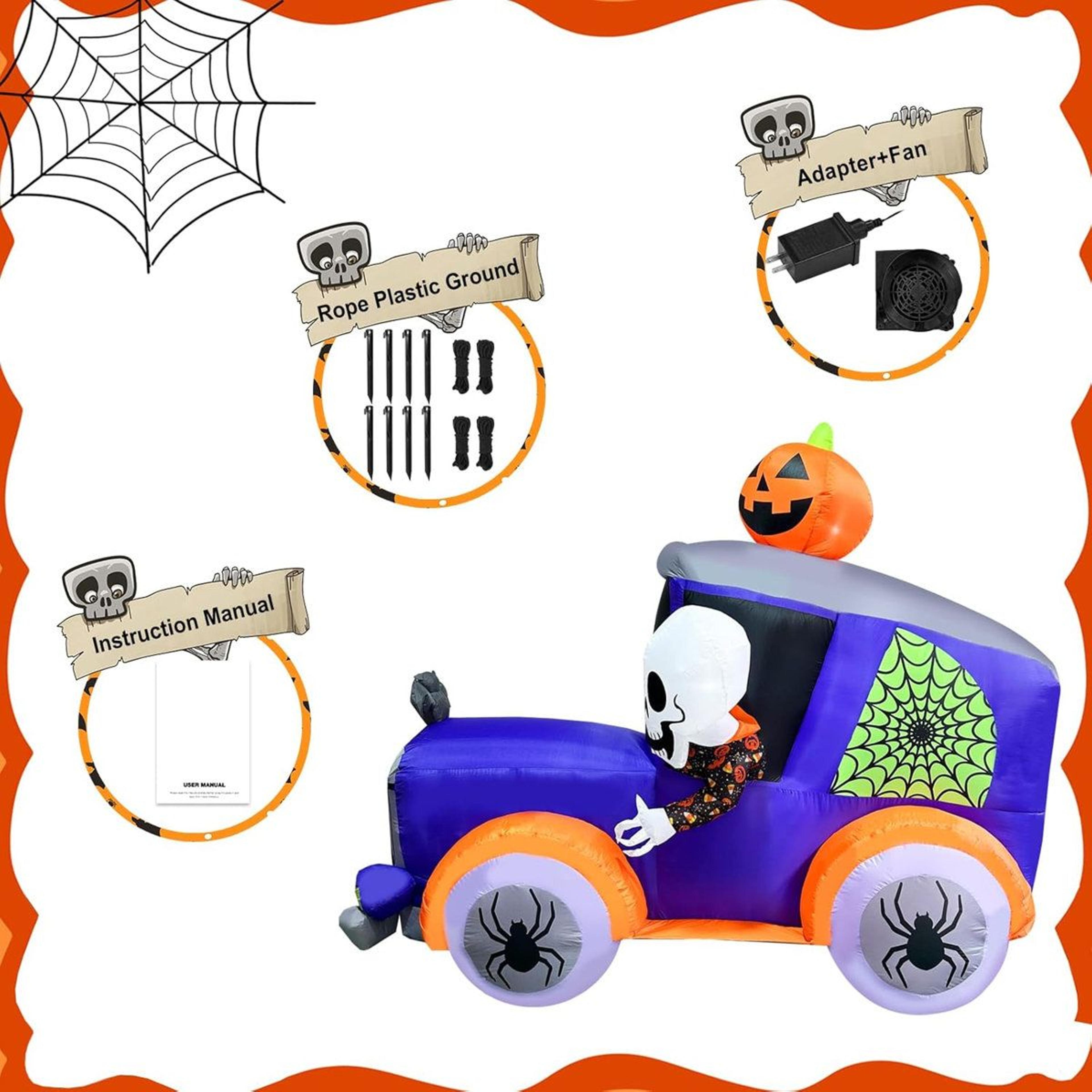 8 Ft Halloween Inflatable Monster Truck With Skull Skeleton Pumpkin And Spider Decorations 5