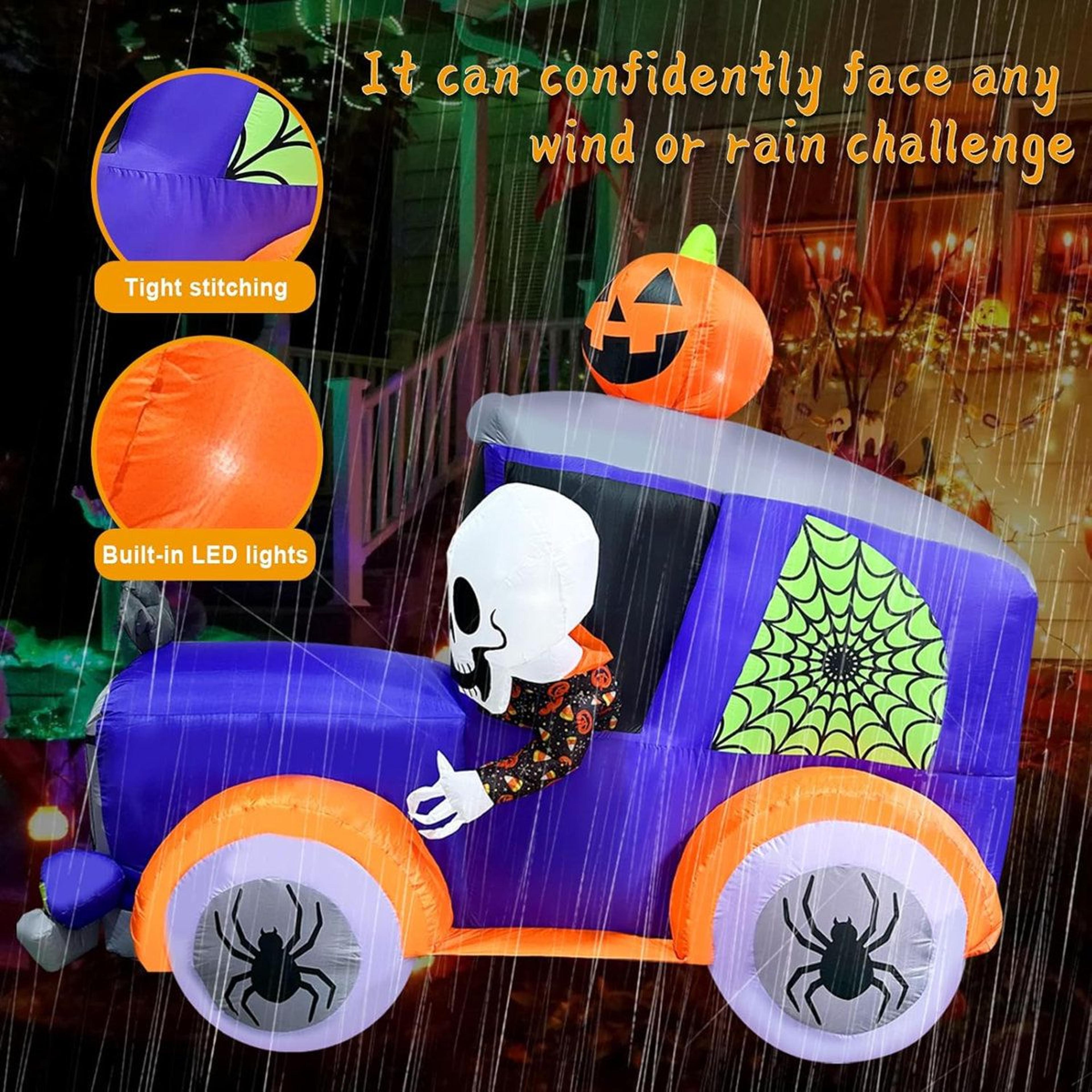 8 Ft Halloween Inflatable Monster Truck With Skull Skeleton Pumpkin And Spider Decorations 3