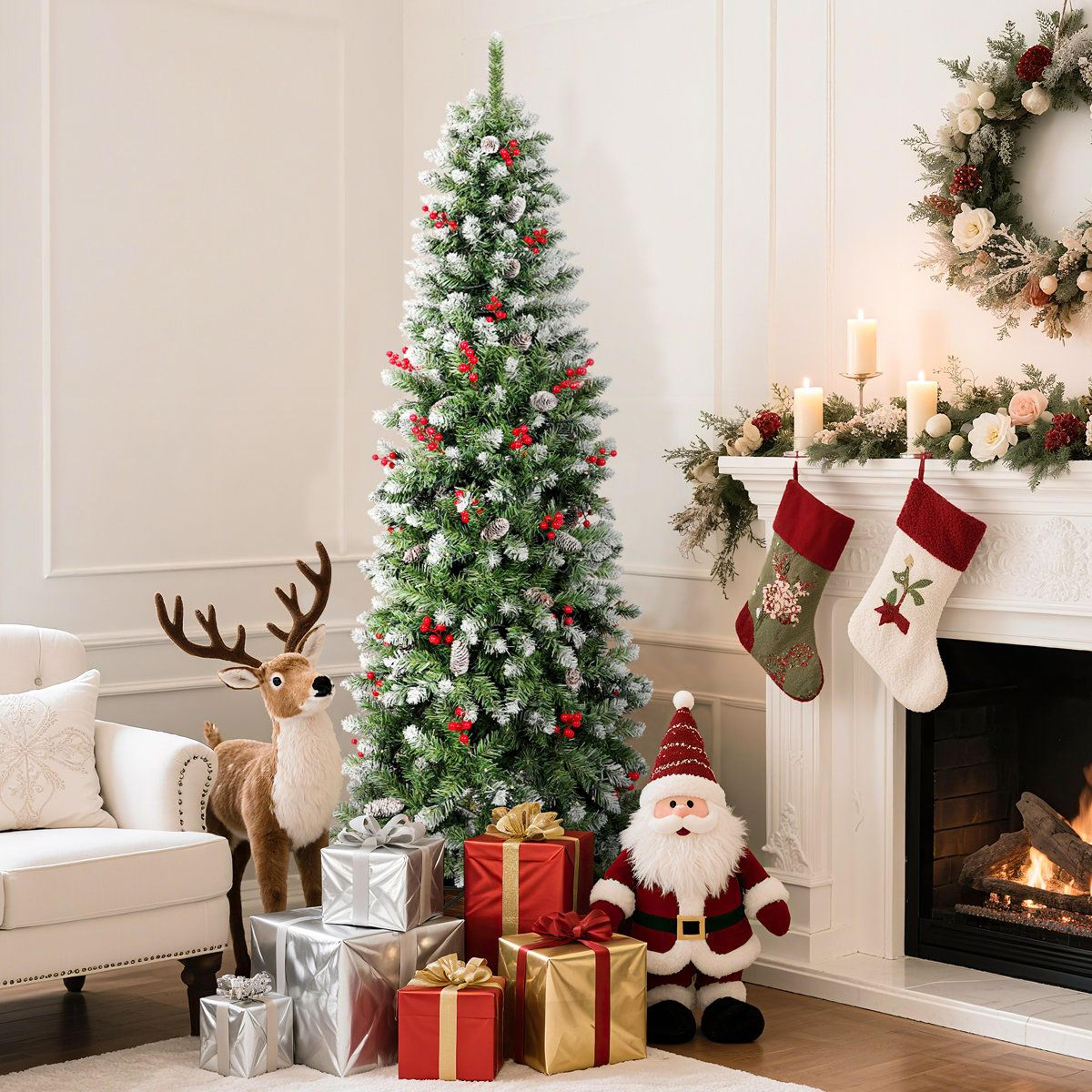 slim pre-lit flocked christmas tree with warm white led lights and metal stand