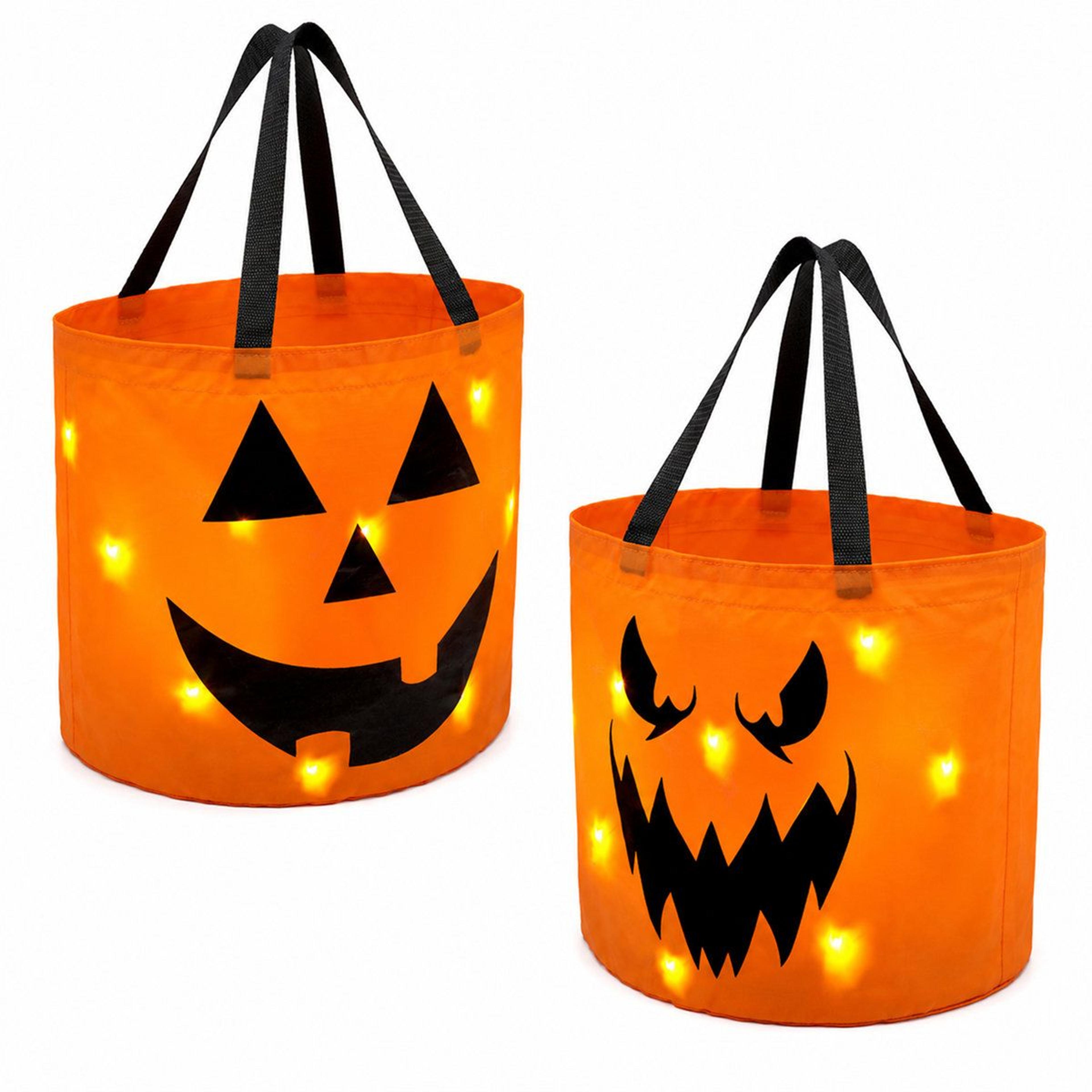 halloween pumpkin trick or treat bag with led lights – orange polyester candy bucket