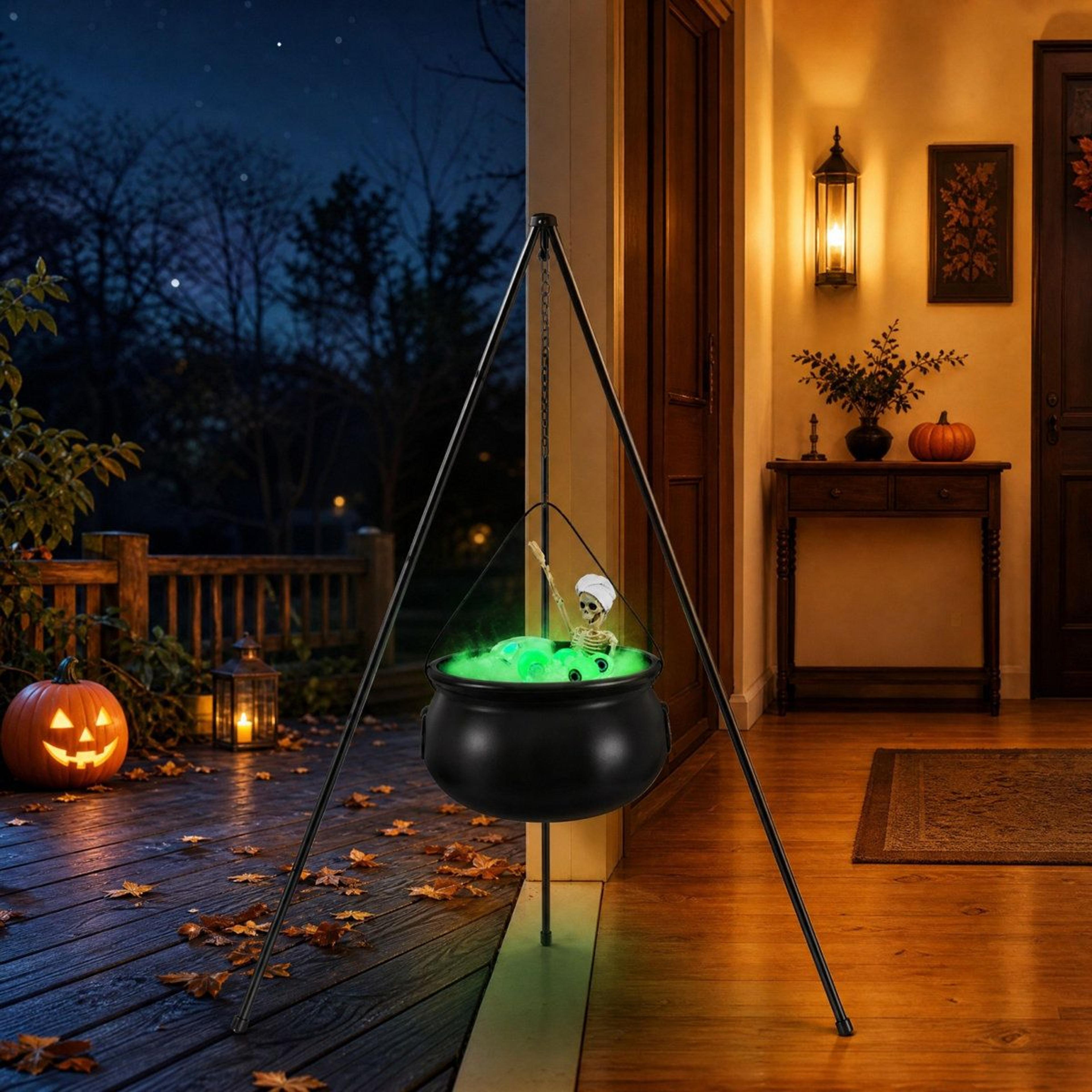 halloween witch cauldron decoration with skeleton green light and tripod stand