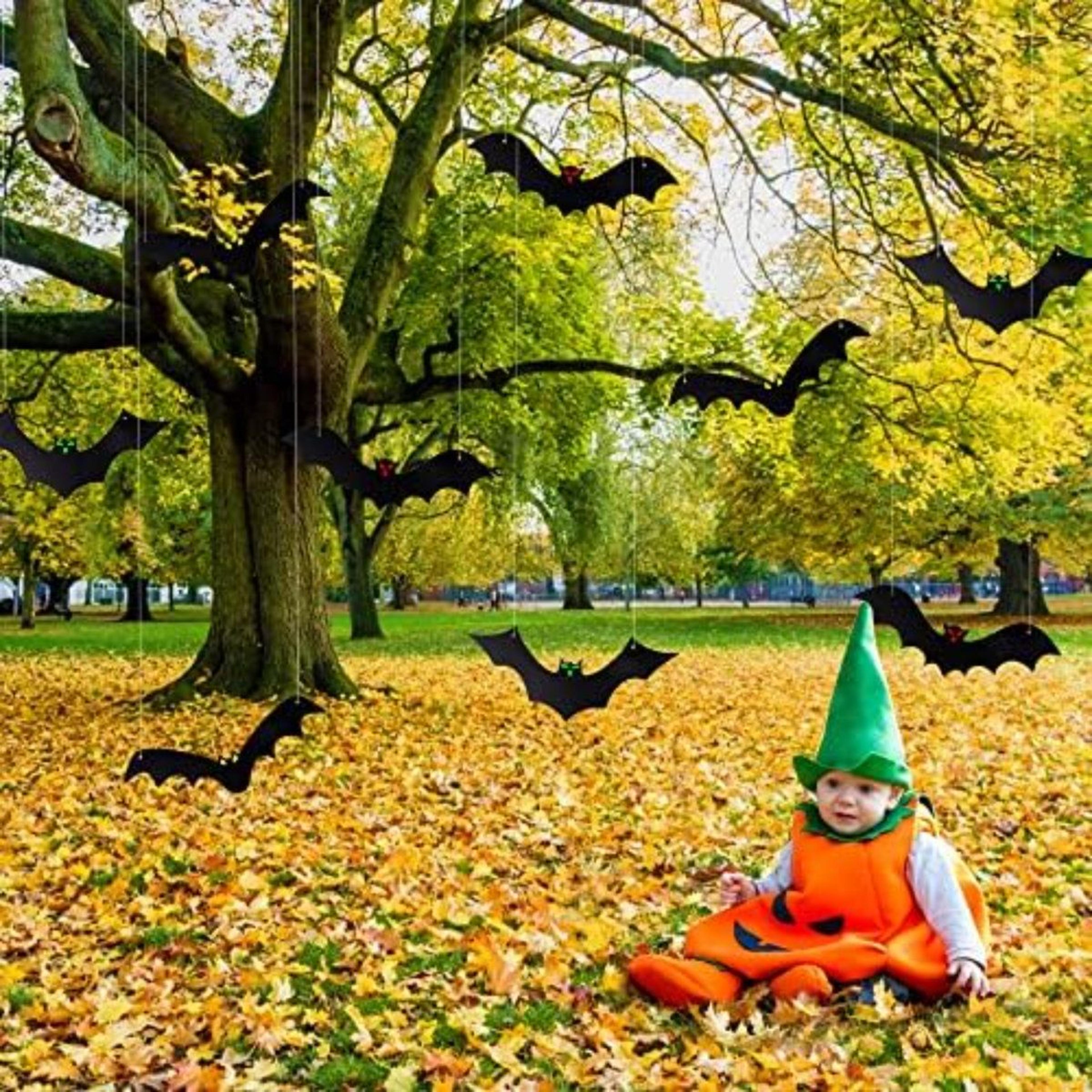 Halloween Hanging Bats 12Piece 3D Black Bat Decorations With Glowing Eye Stickers 2