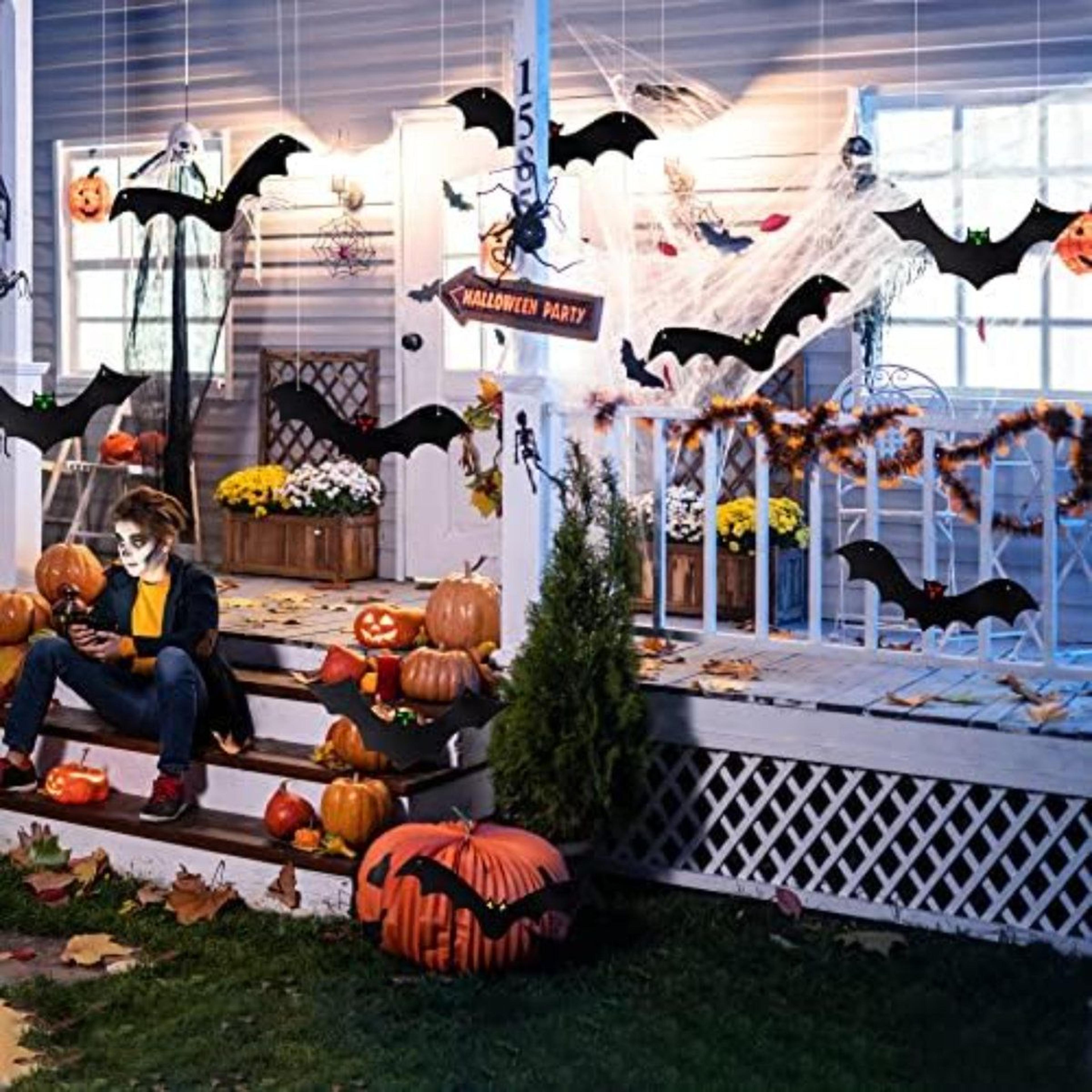 Halloween Hanging Bats 12Piece 3D Black Bat Decorations With Glowing Eye Stickers 5