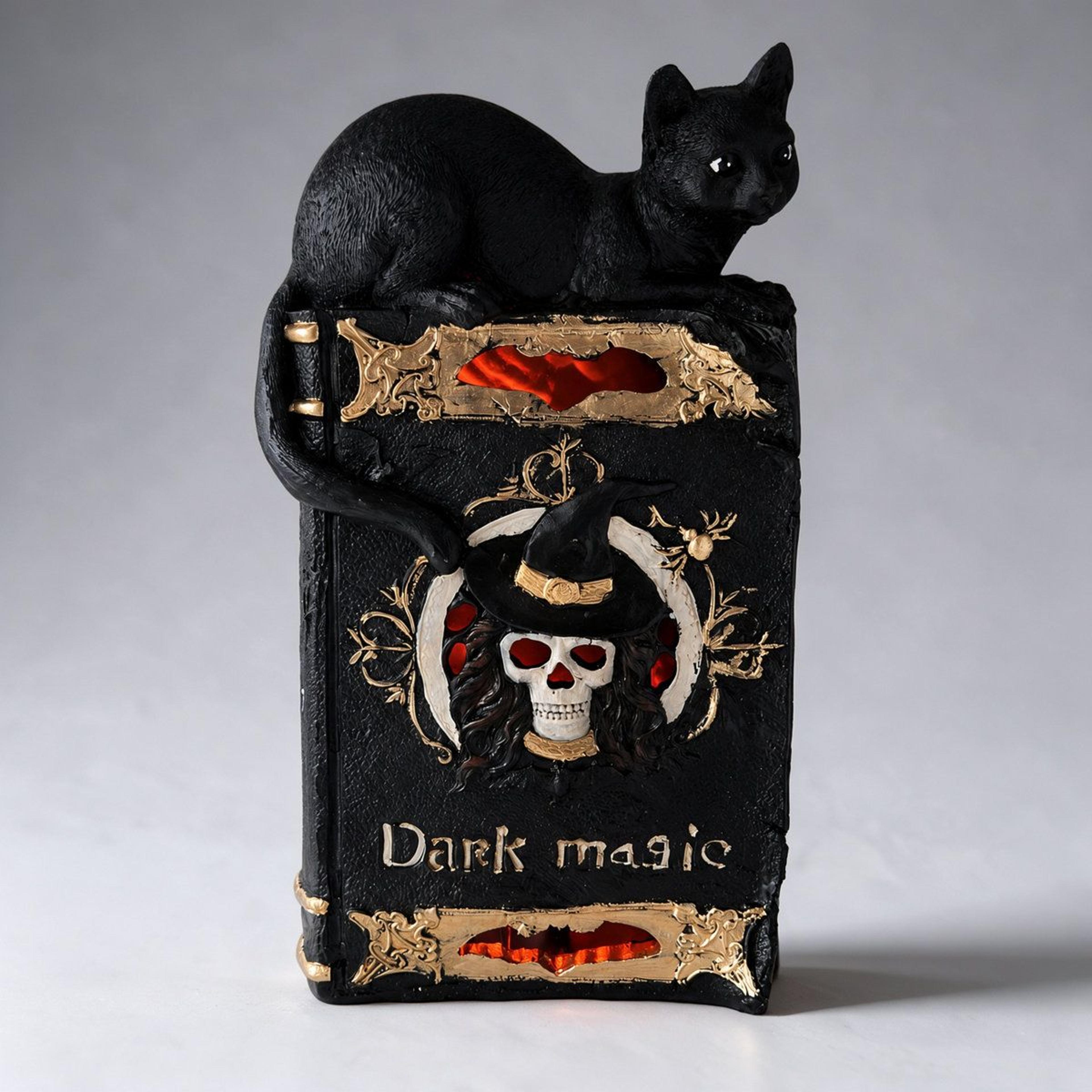 dark magic book led statue with black cat and skull gothic halloween decor