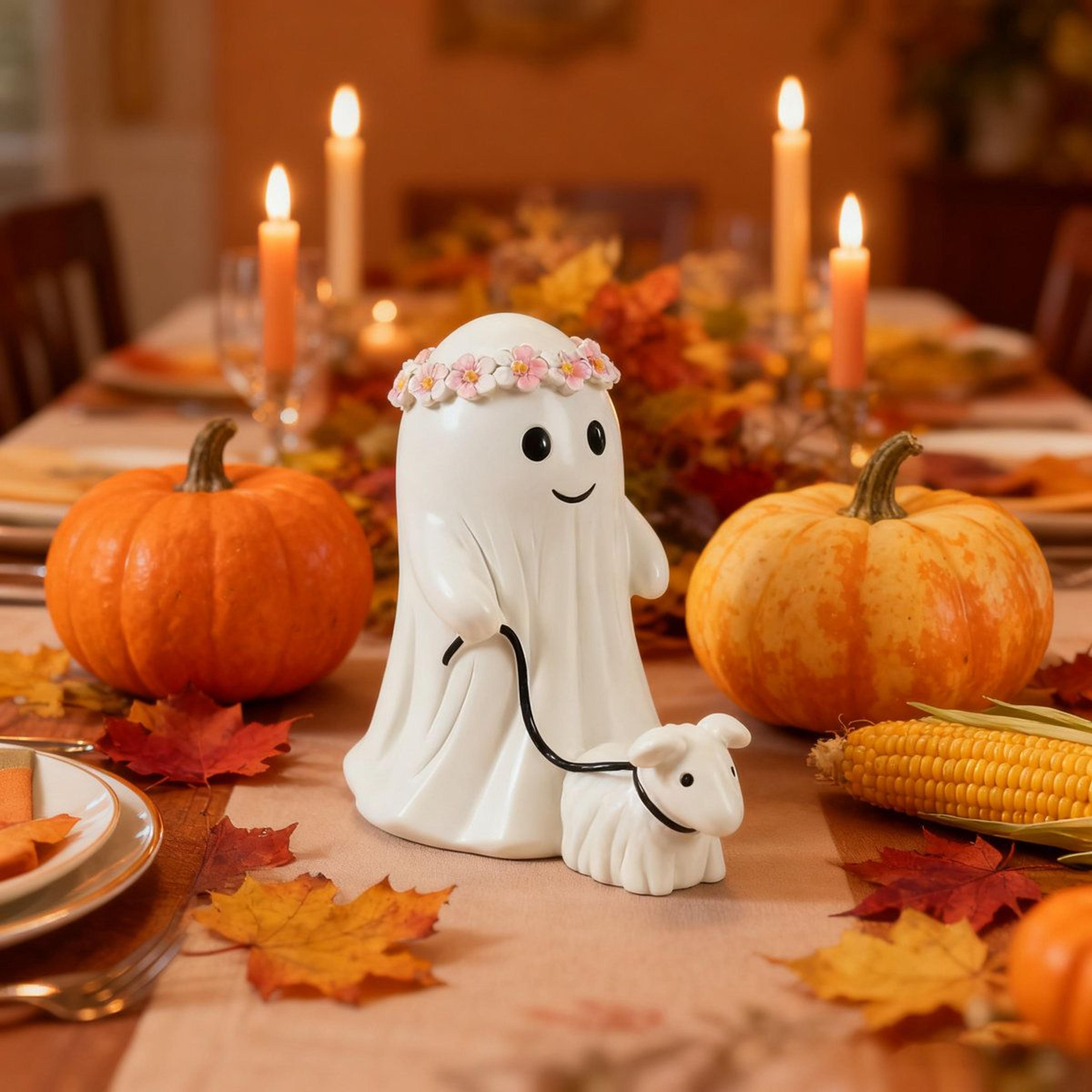 halloween ghost dog figurine with flower wreath – cute resin spooky decor