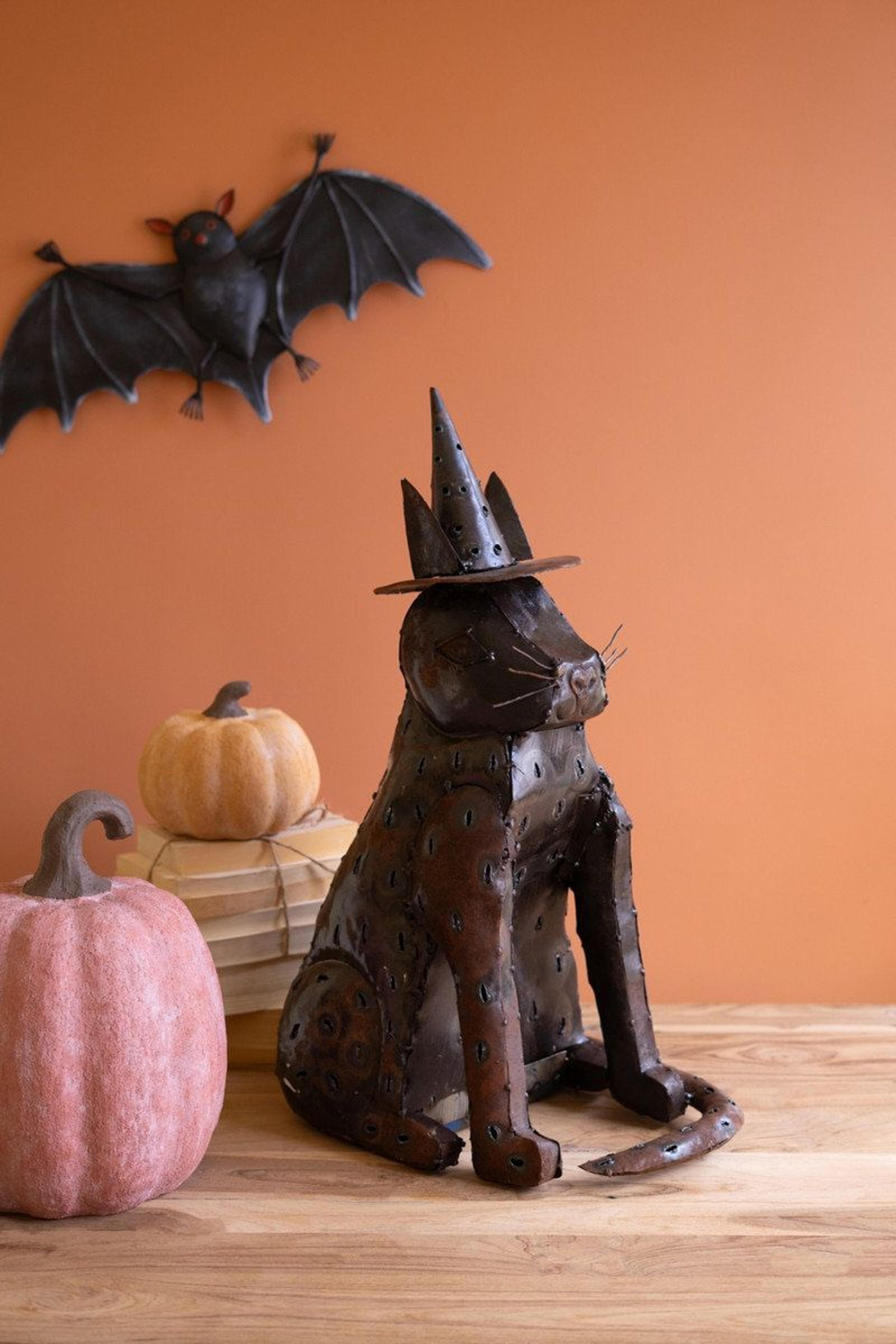 black cat halloween lantern with witch hat and rustic finish 24-inch decorative lantern