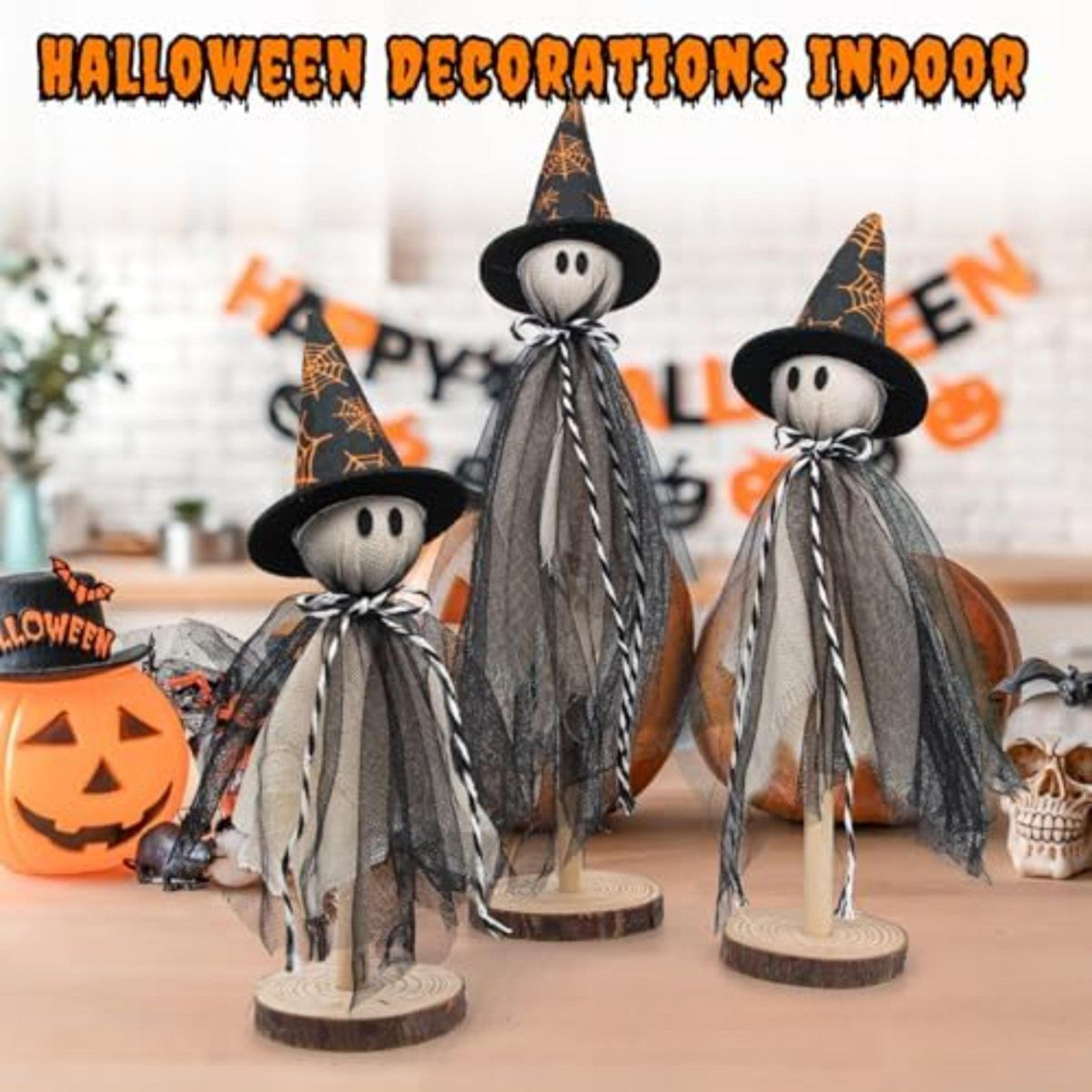 Halloween Ghost Shelf Sitters With Witch Hats And Spiderweb Design 5