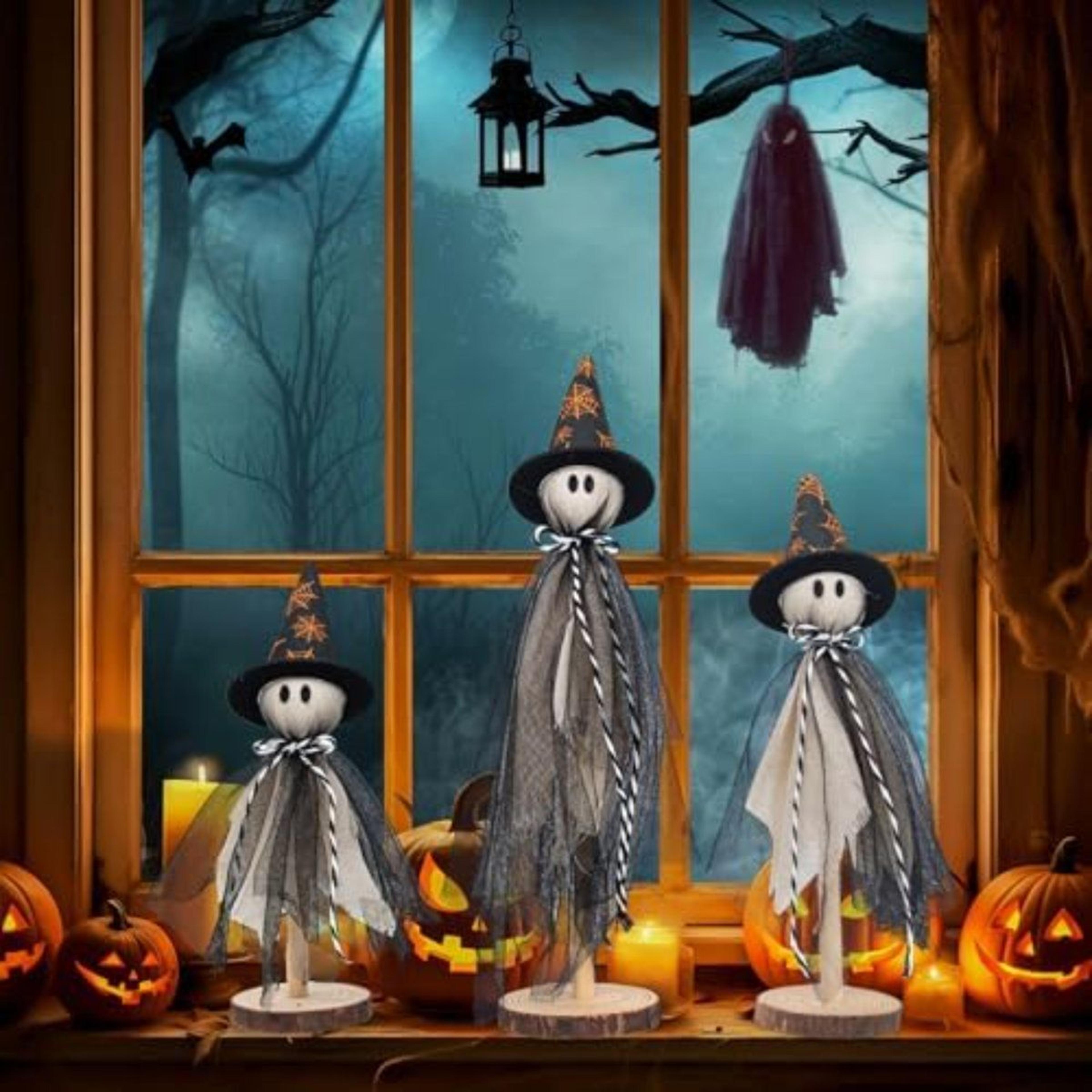 Halloween Ghost Shelf Sitters With Witch Hats And Spiderweb Design 2