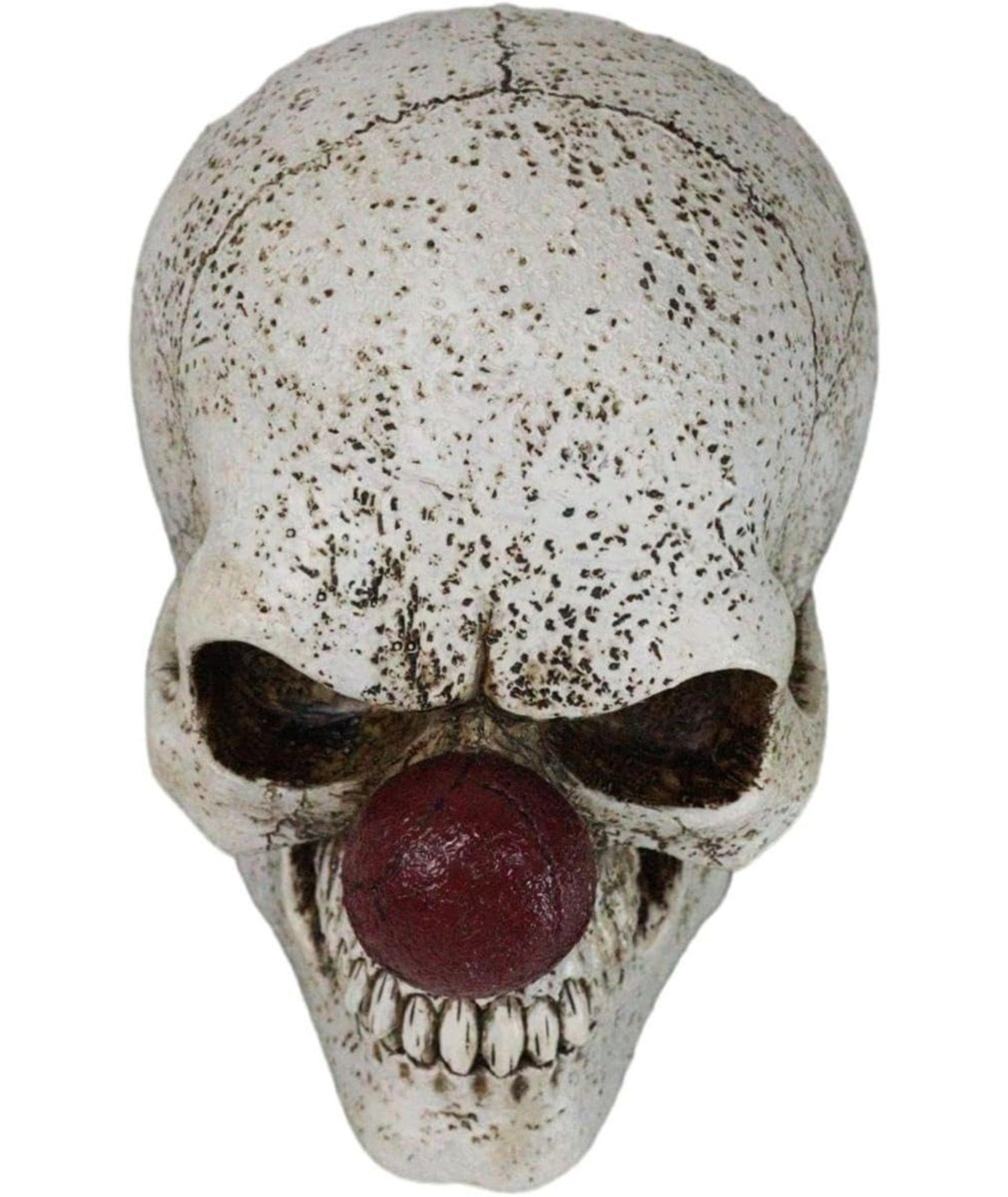 Creepy Halloween Clown Skull Figurine With Maroon Nose And Harlequin Design 2
